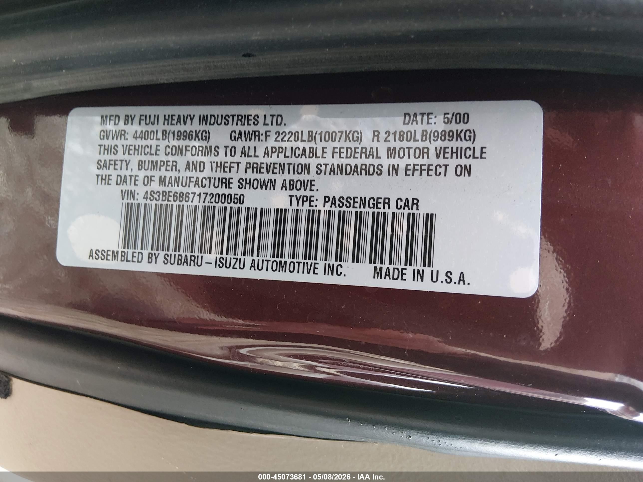 2001 Subaru Outback Limited Red vin: 4S3BE686717200050