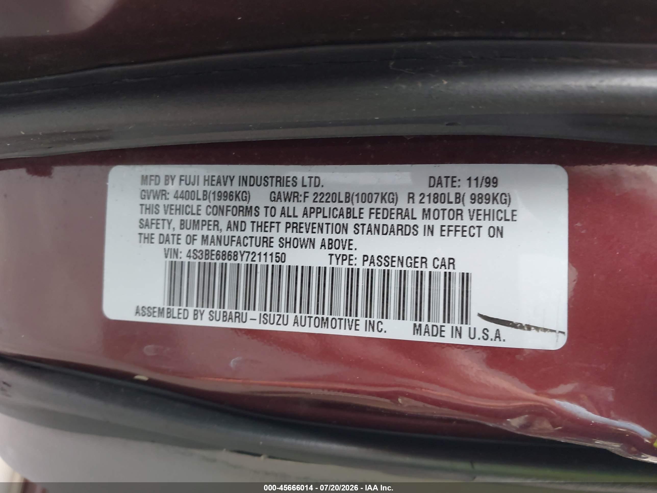2000 Subaru Outback Limited Burgundy vin: 4S3BE6868Y7211150