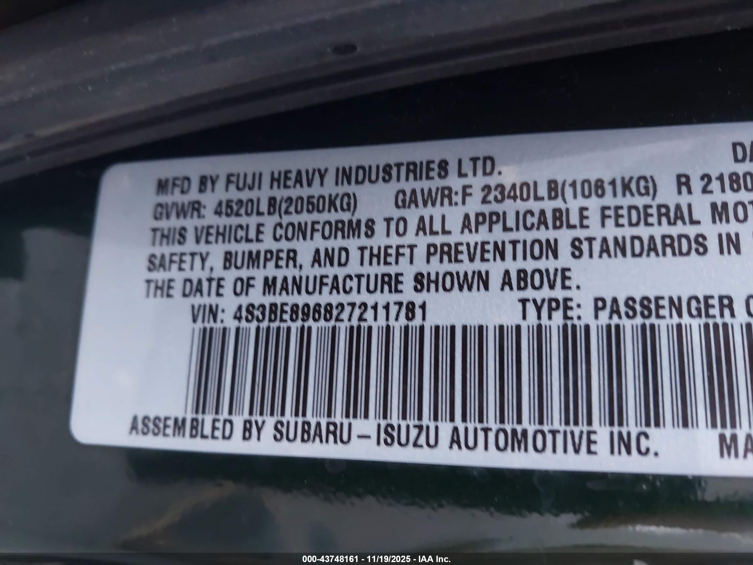 2002 Subaru Outback H6-3.0/h6-3.0 Vdc Green vin: 4S3BE896827211781
