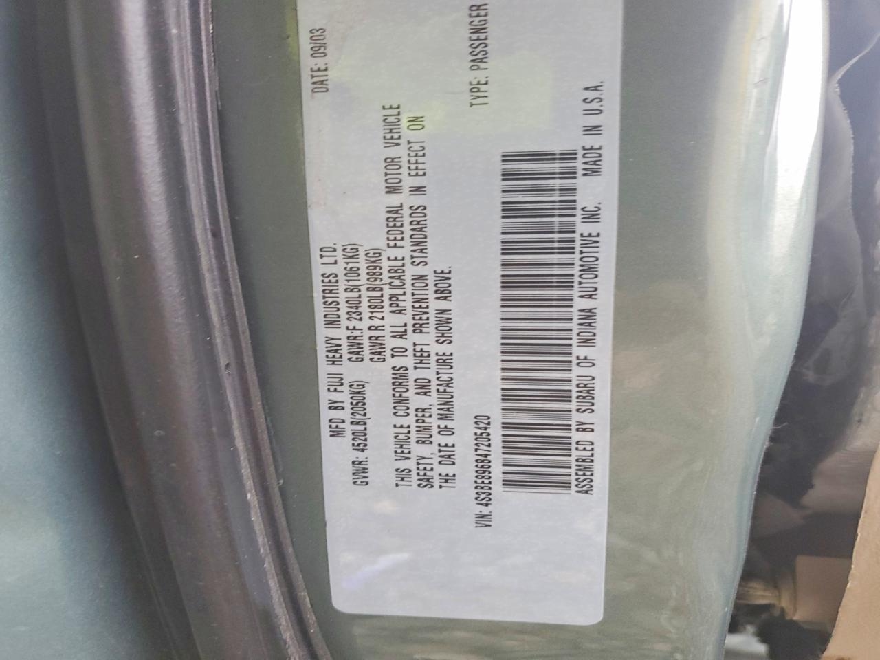 2004 Subaru Legacy Outback 3.0 H6 Green vin: 4S3BE896847205420