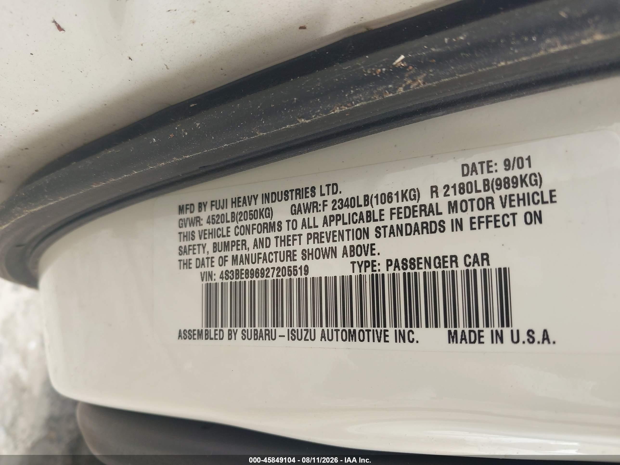 2002 Subaru Outback H6-3.0/h6-3.0 Vdc White vin: 4S3BE896927205519