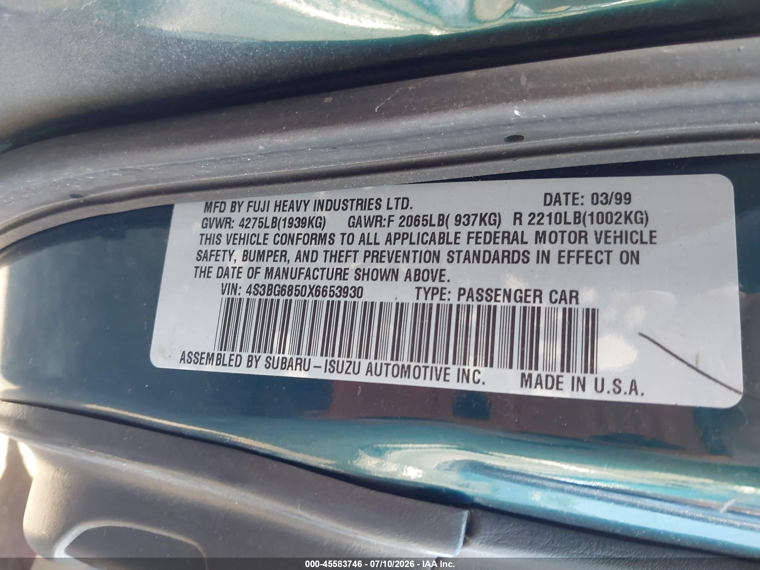 1999 Subaru Legacy 30th Ann. Outback Ltd./outback Green vin: 4S3BG6850X6653930