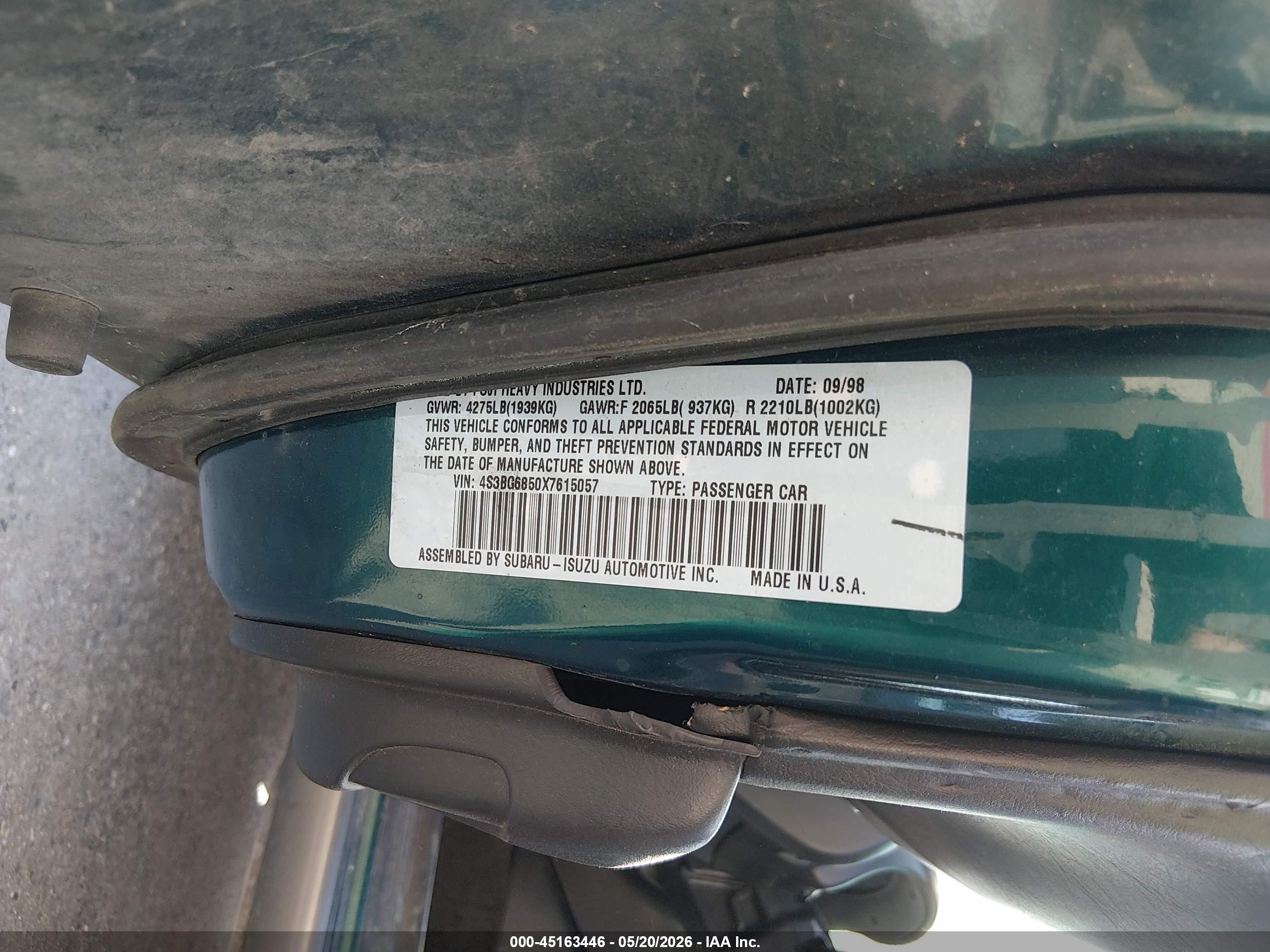 1999 Subaru Legacy 30th Ann. Outback Ltd./outback Green vin: 4S3BG6850X7615057