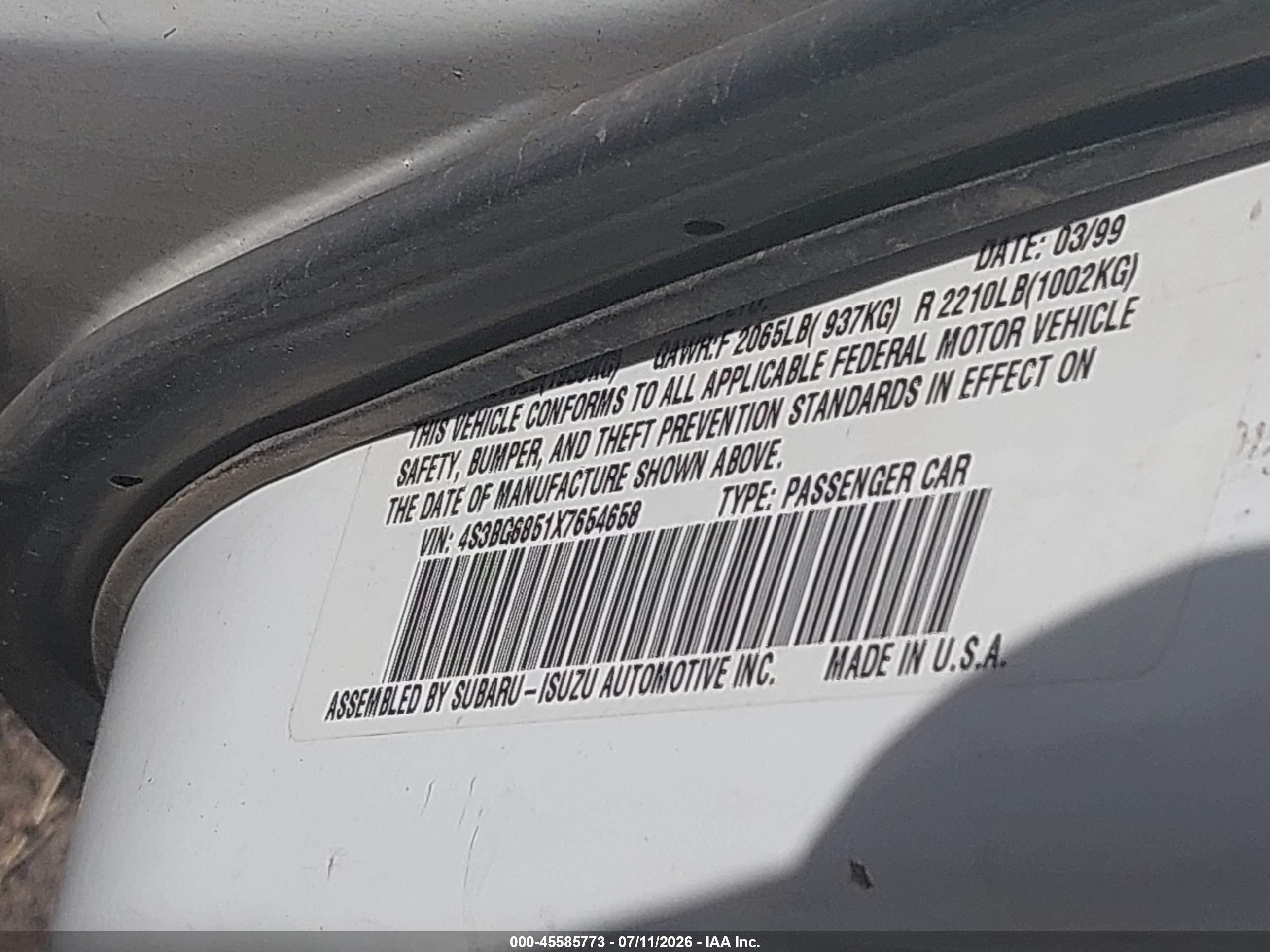 1999 Subaru Legacy 30th Ann. Outback Ltd./outback White vin: 4S3BG6851X7654658