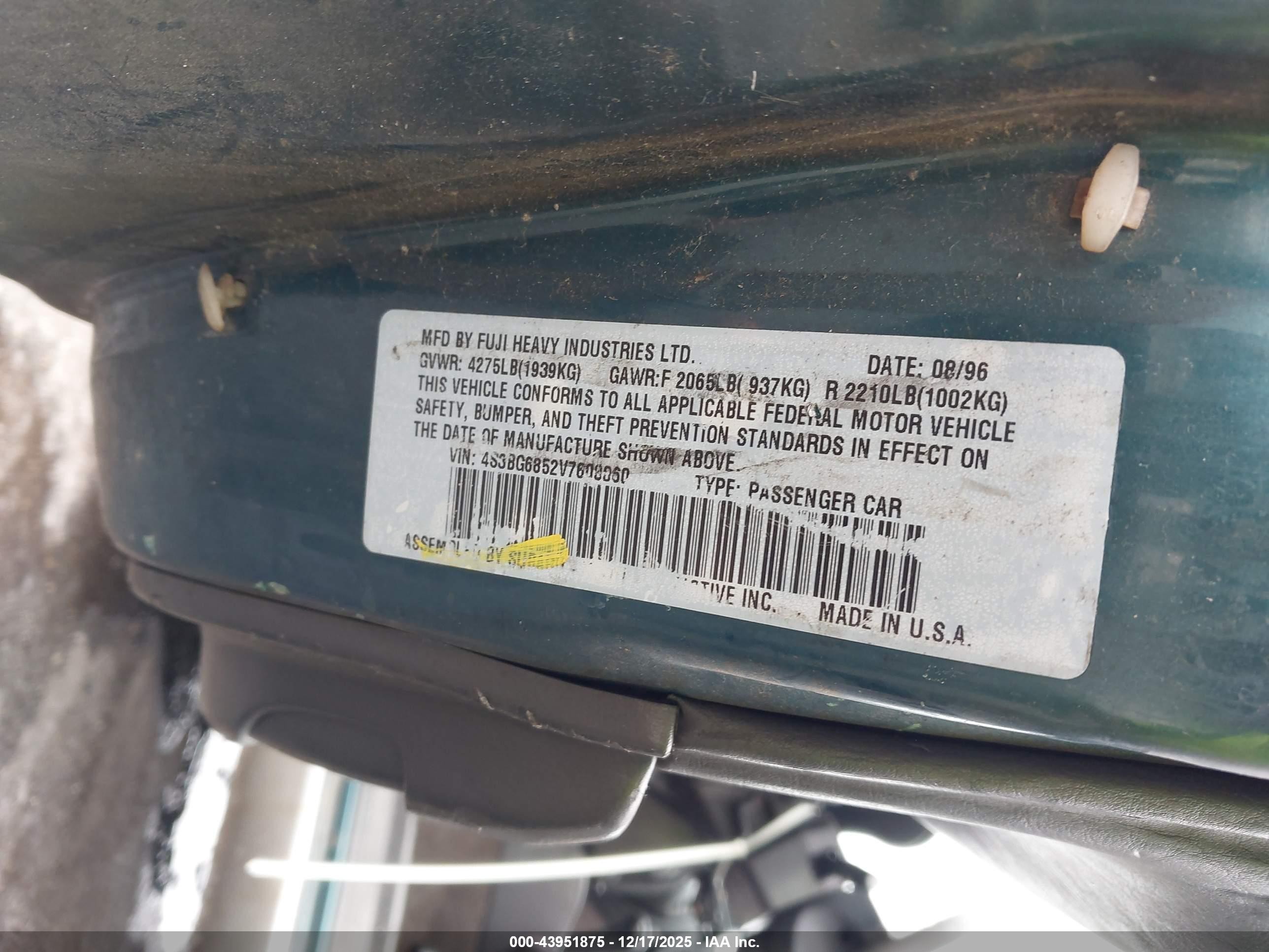 1997 Subaru Legacy Outback/outback Limited Green vin: 4S3BG6852V7608060