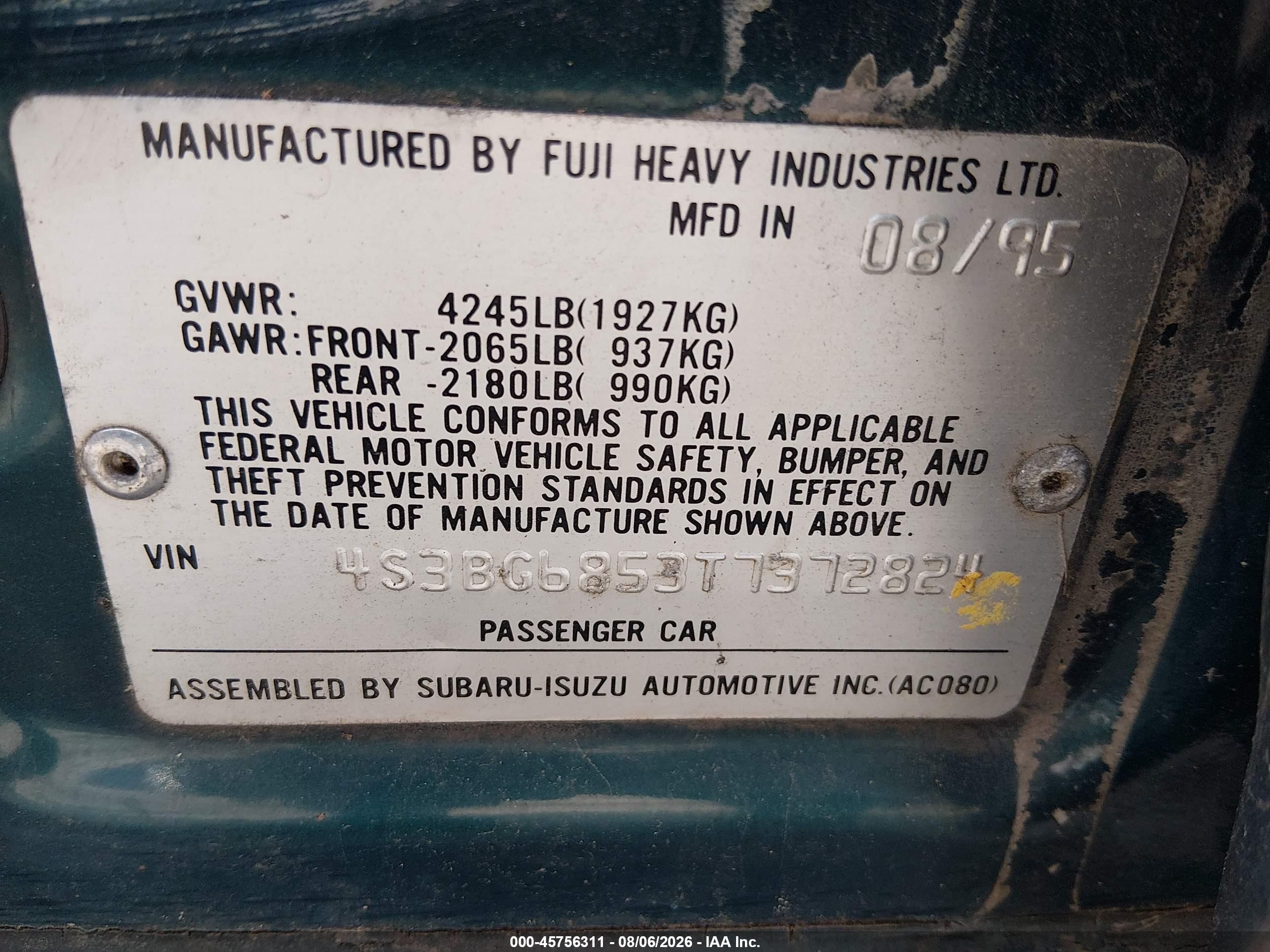 1996 Subaru Legacy Outback Green vin: 4S3BG6853T7372824