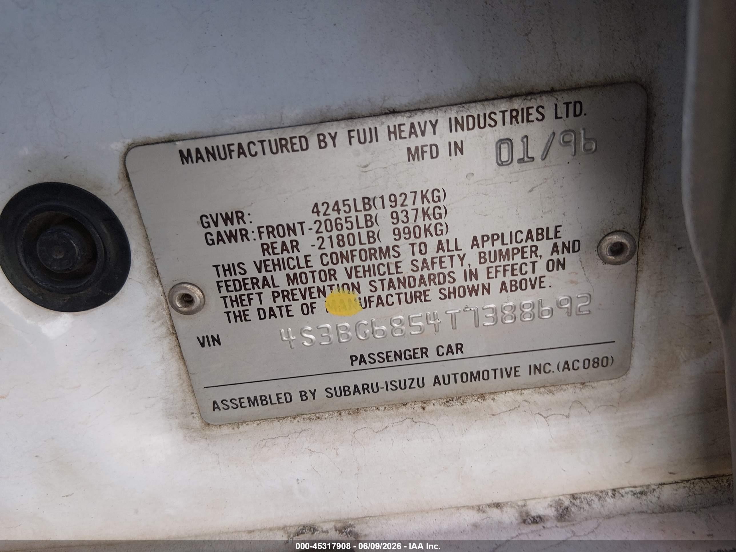 1996 Subaru Legacy Outback White vin: 4S3BG6854T7388692