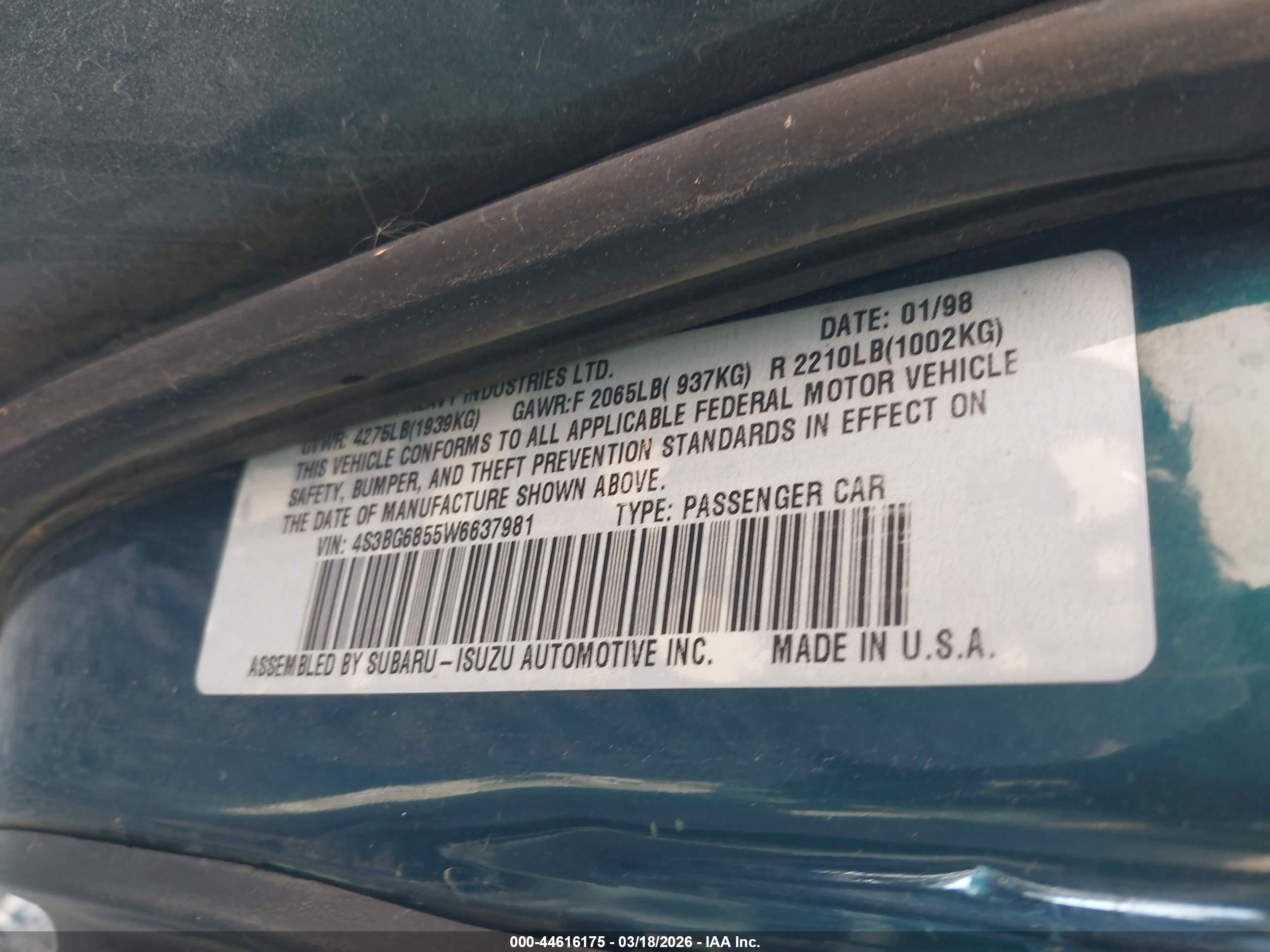 1998 Subaru Legacy Outback/outback Limited/outback Sport Green vin: 4S3BG6855W6637981