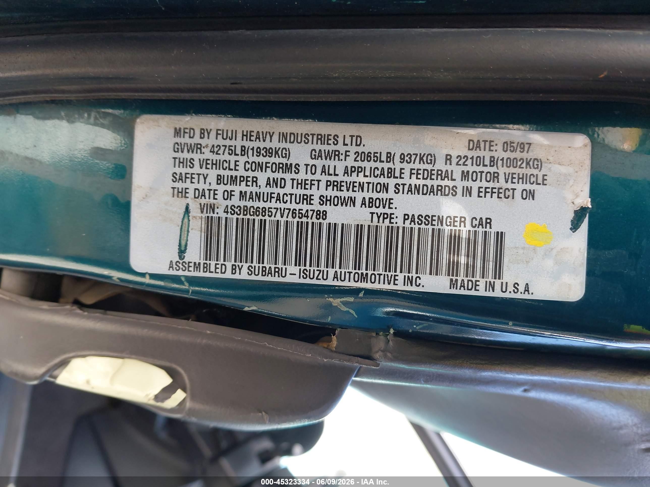1997 Subaru Legacy Outback/outback Limited Green vin: 4S3BG6857V7654788
