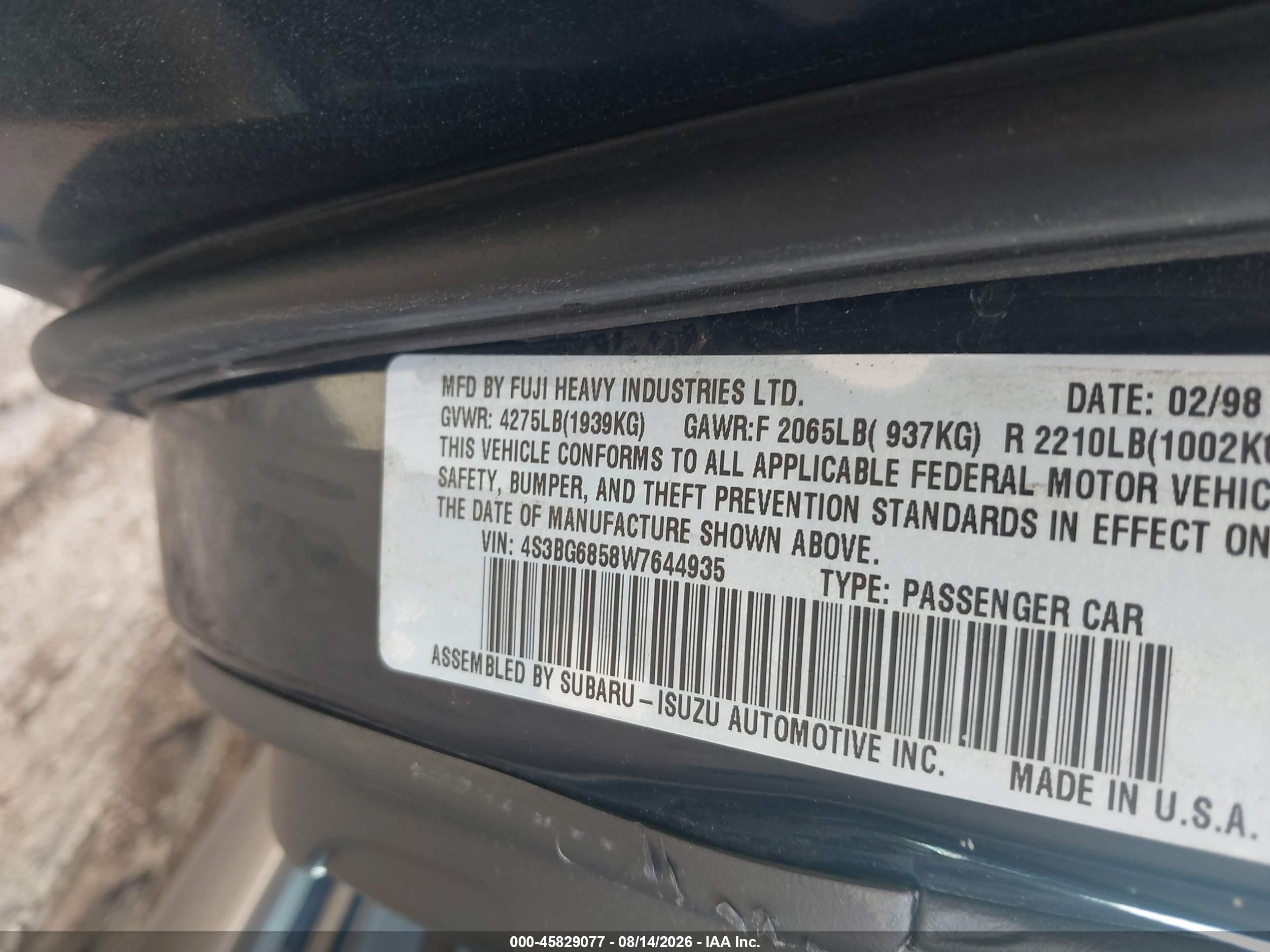 1998 Subaru Legacy Outback/outback Limited/outback Sport Черный vin: 4S3BG6858W7644935