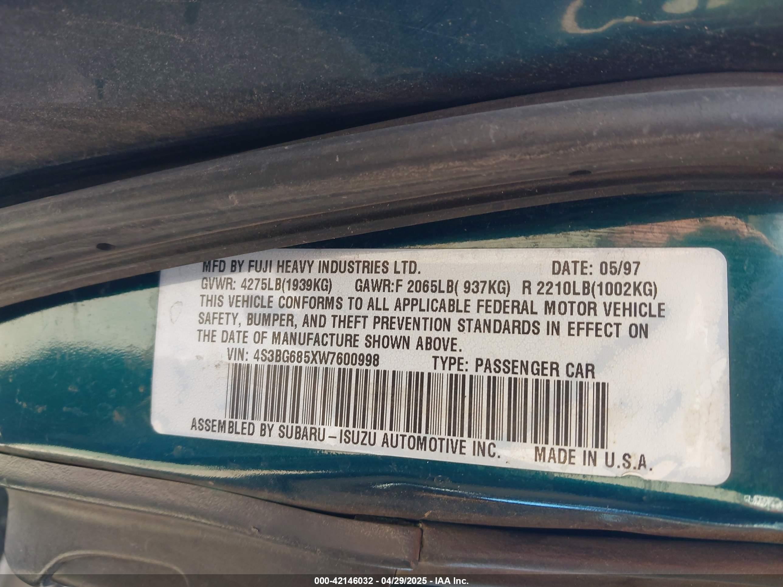 1998 Subaru Legacy Outback/outback Limited/outback Sport Зеленый vin: 4S3BG685XW7600998