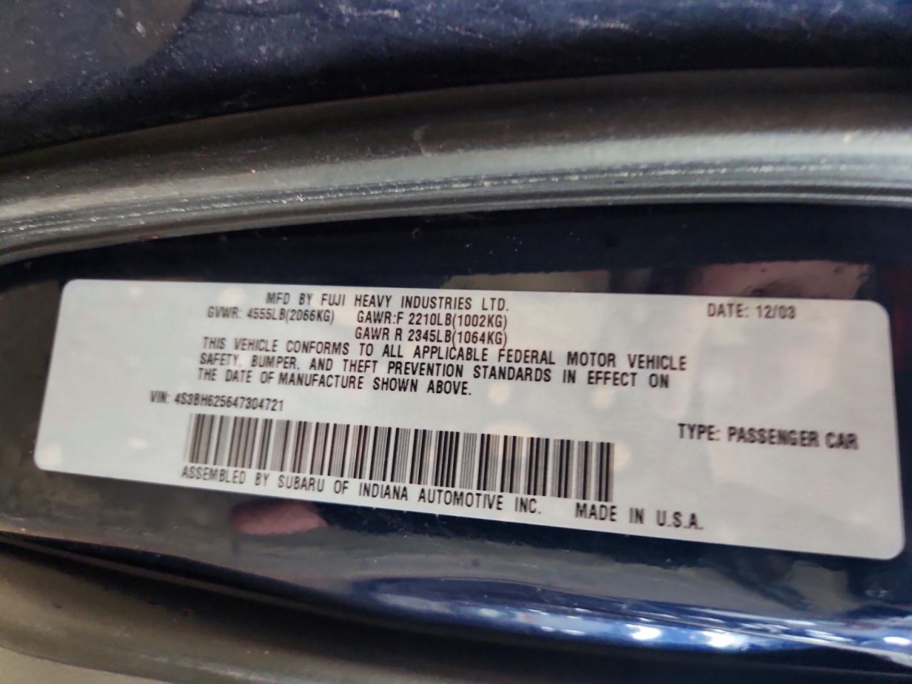 2004 Subaru Legacy L Special Blue vin: 4S3BH625647304721