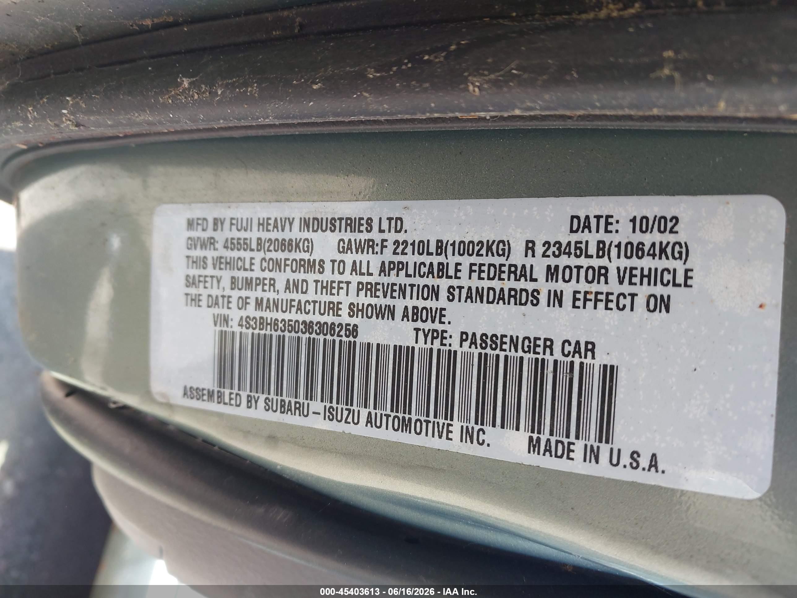 2003 Subaru Legacy L/l W/special Edition Package Green vin: 4S3BH635036306256