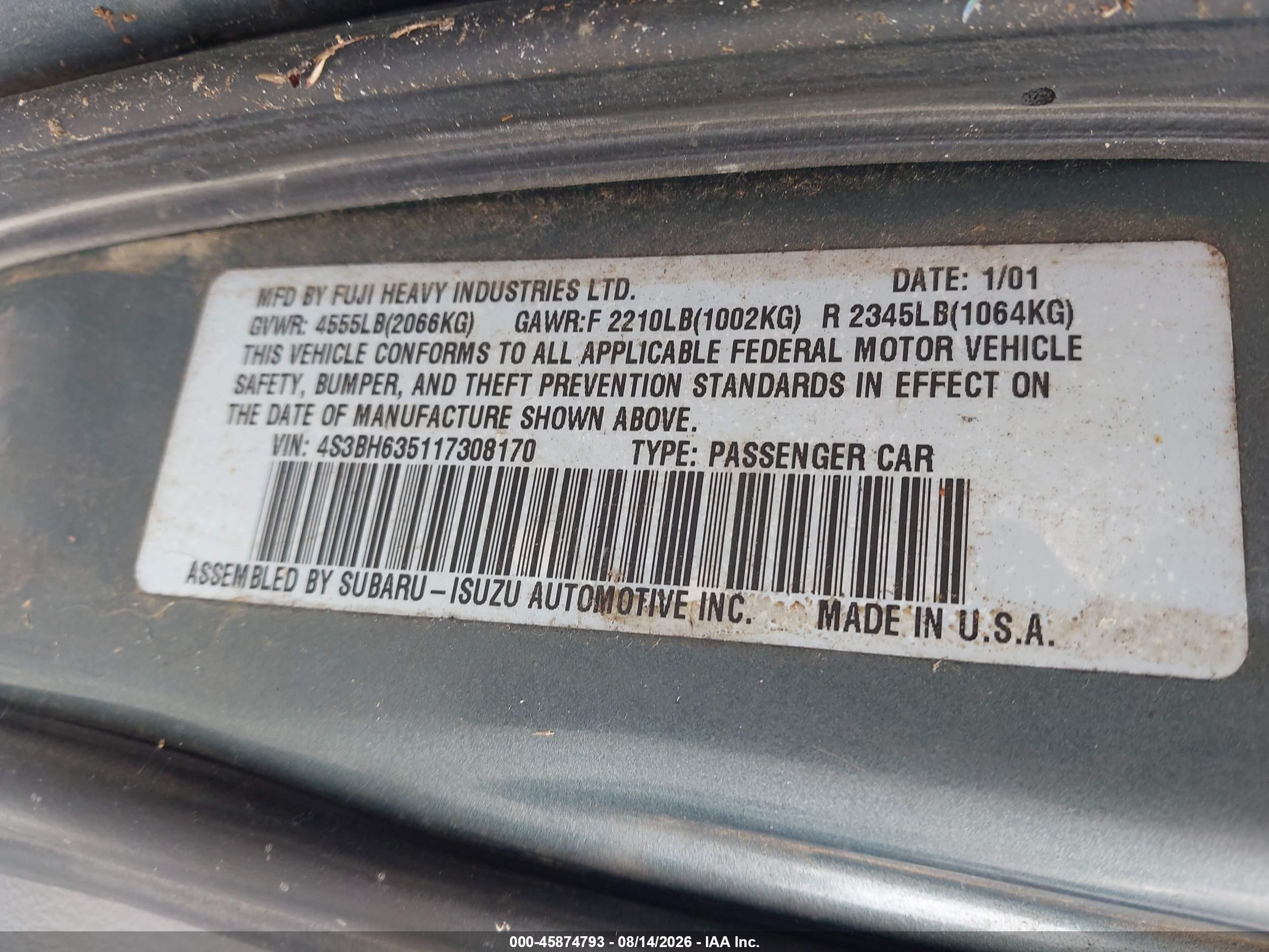 2001 Subaru Legacy L Green vin: 4S3BH635117308170