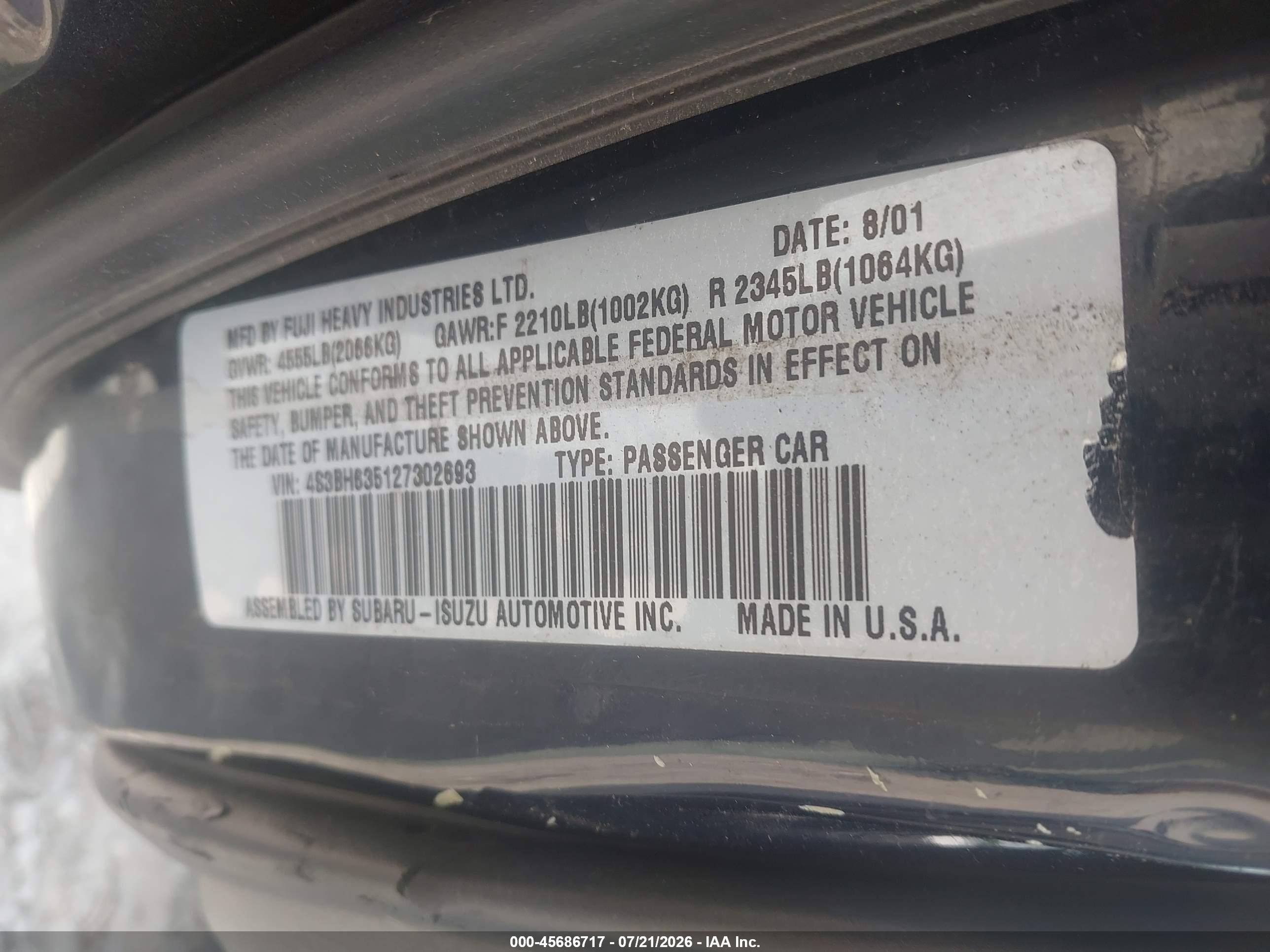 2002 Subaru Legacy L Black vin: 4S3BH635127302693