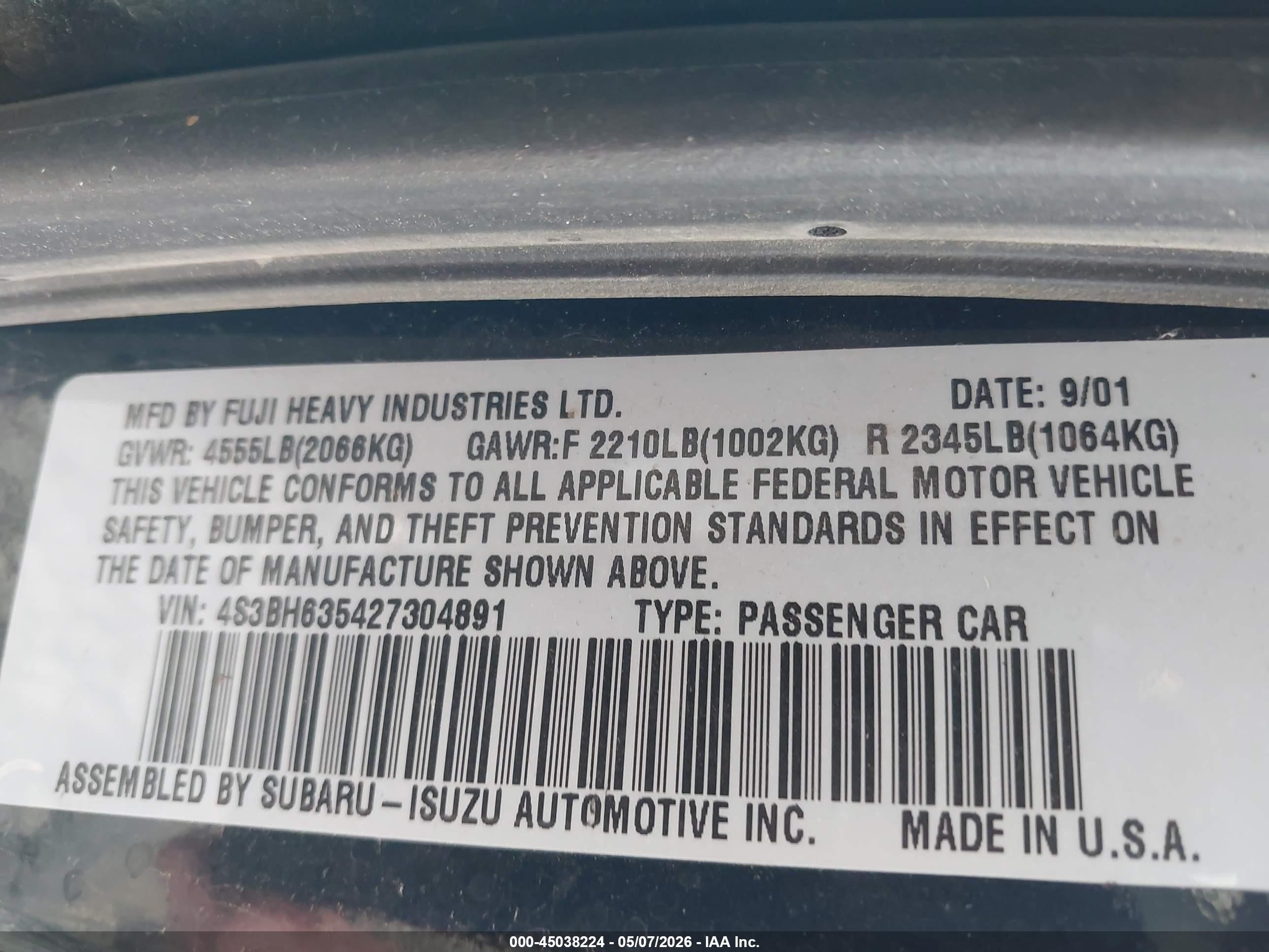 2002 Subaru Legacy L Blue vin: 4S3BH635427304891
