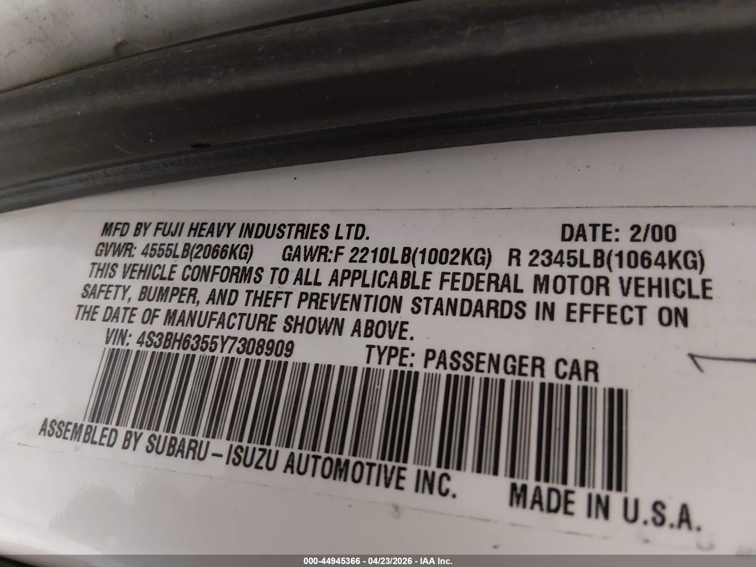 2000 Subaru Legacy L White vin: 4S3BH6355Y7308909