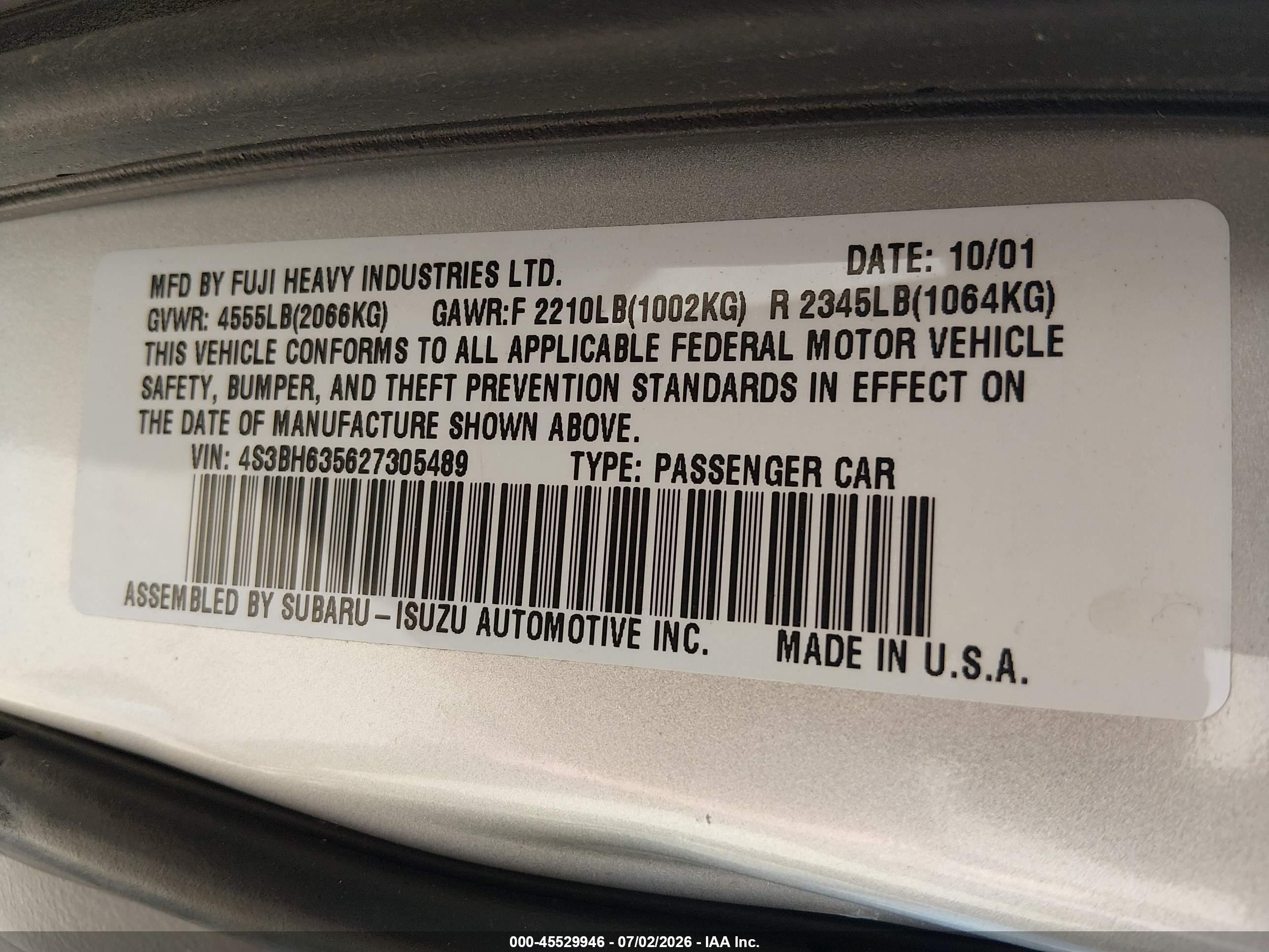 2002 Subaru Legacy L Silver vin: 4S3BH635627305489