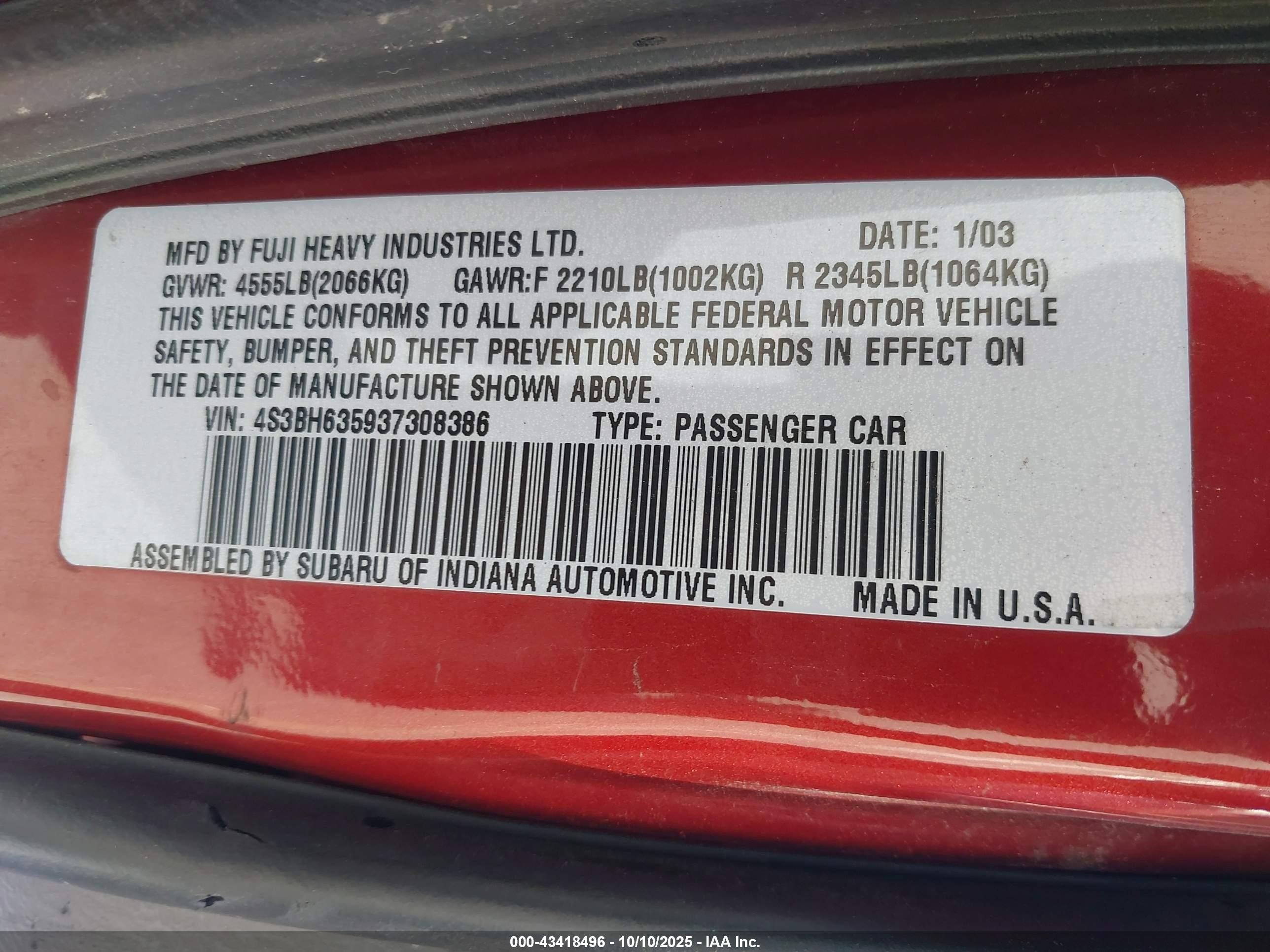 2003 Subaru Legacy L/l W/special Edition Package Красный vin: 4S3BH635937308386
