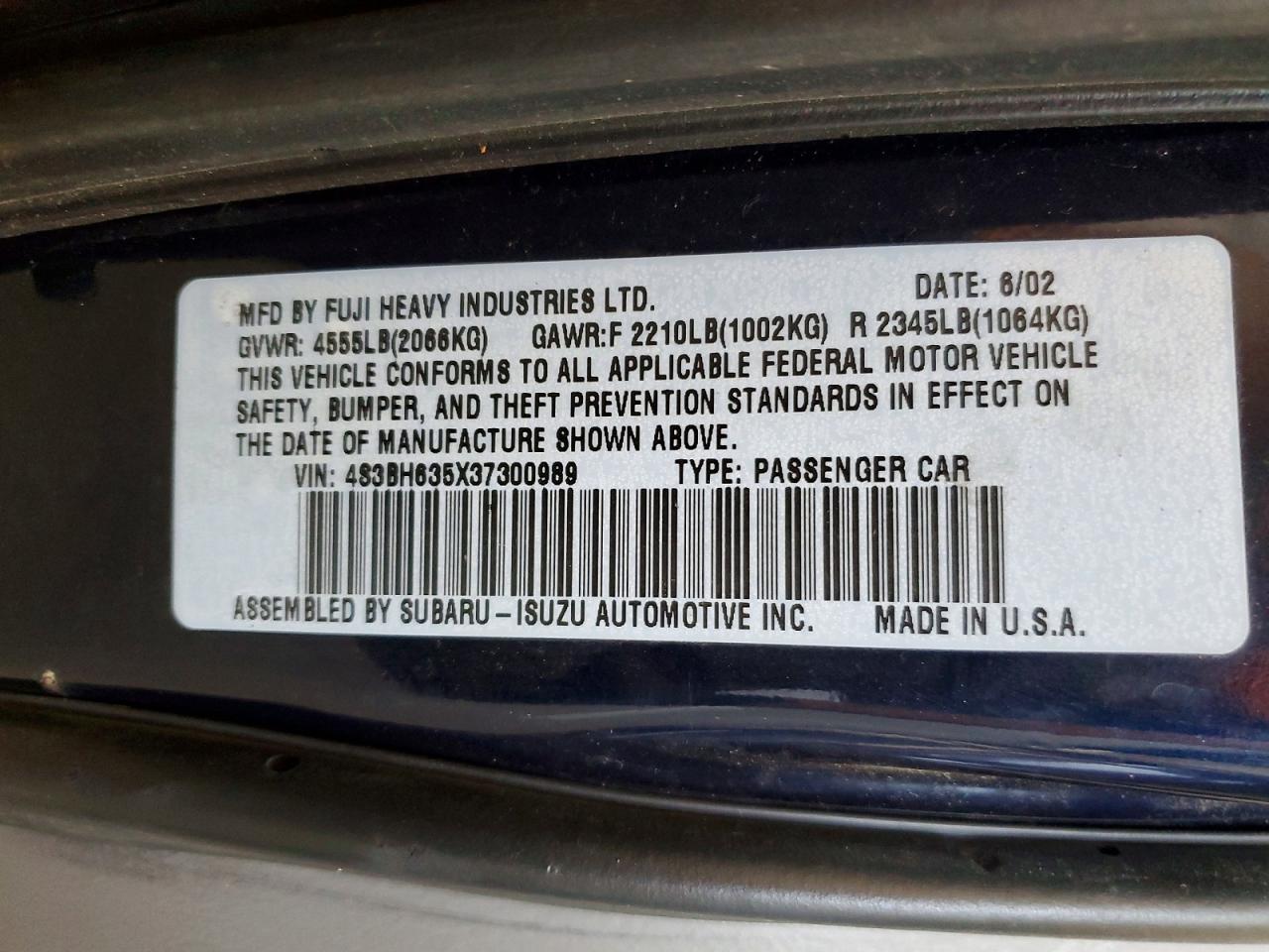 2003 Subaru Legacy L Blue vin: 4S3BH635X37300989