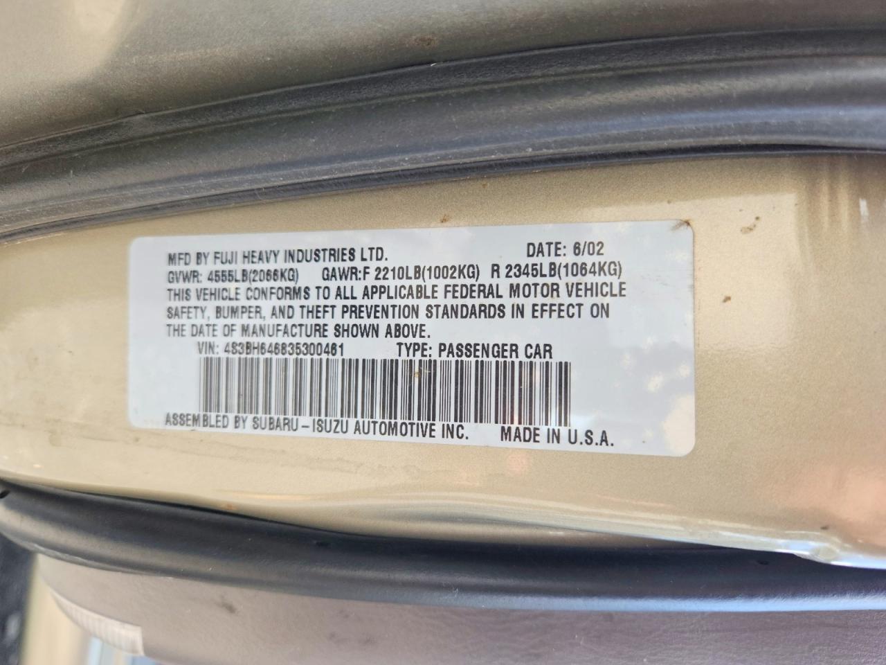 2003 Subaru Legacy Gt Tan vin: 4S3BH646835300461