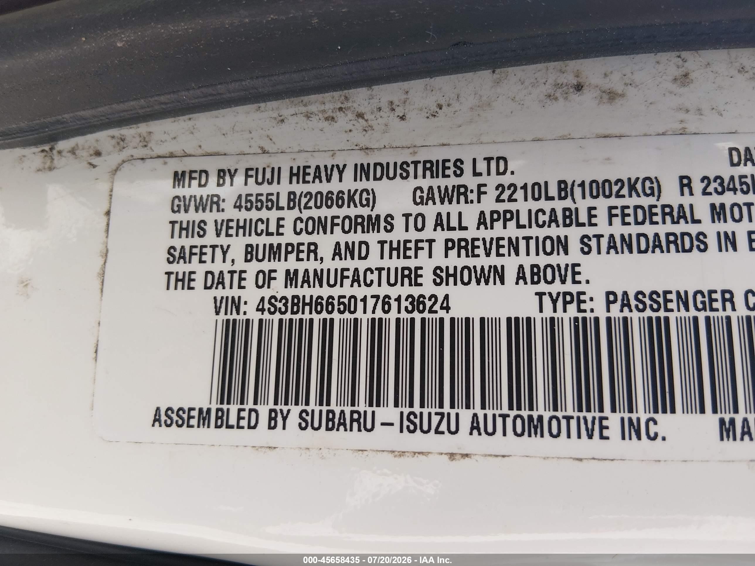 2001 Subaru Outback   White vin: 4S3BH665017613624