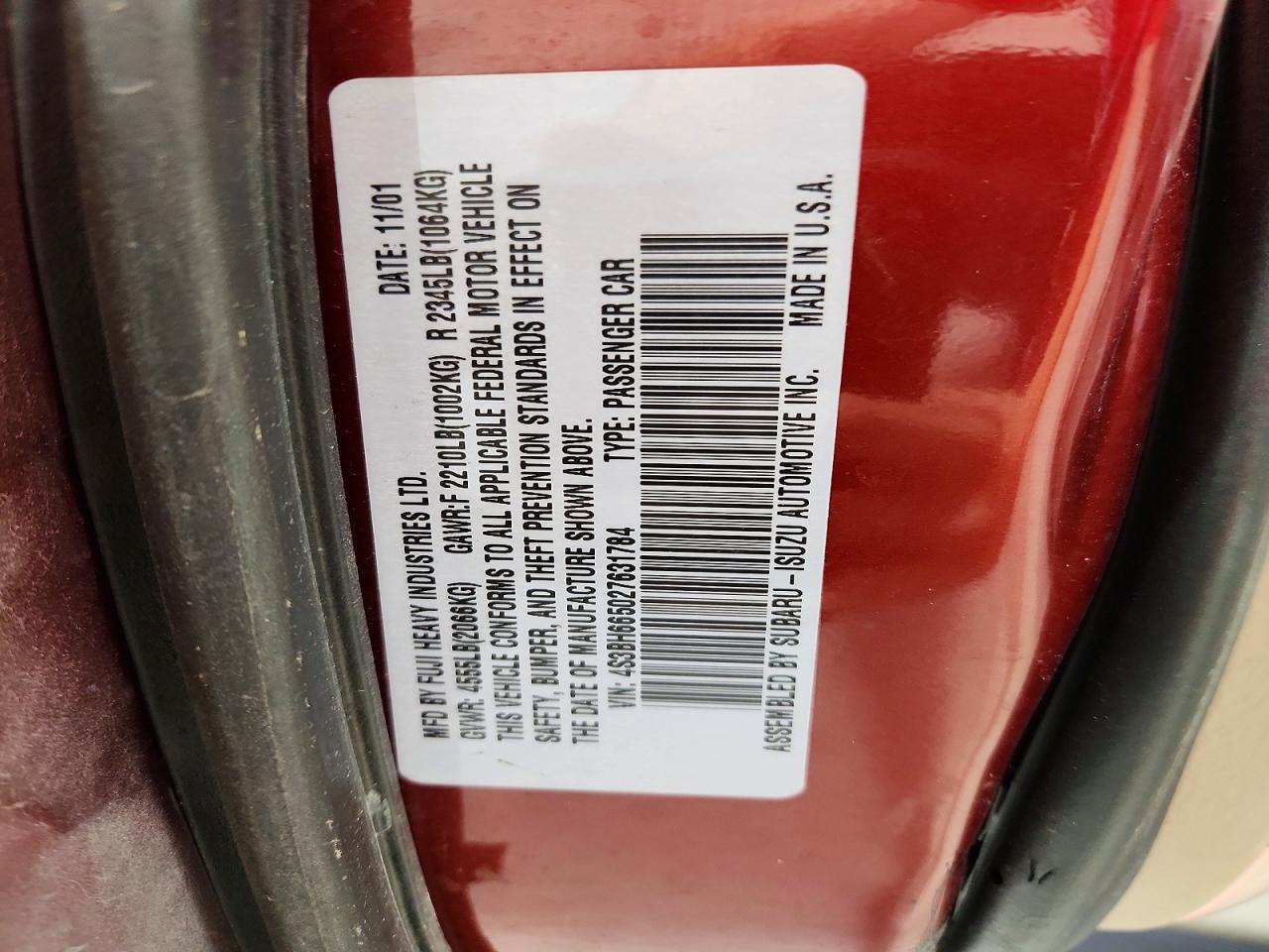 2002 Subaru Legacy Red vin: 4S3BH665027631784