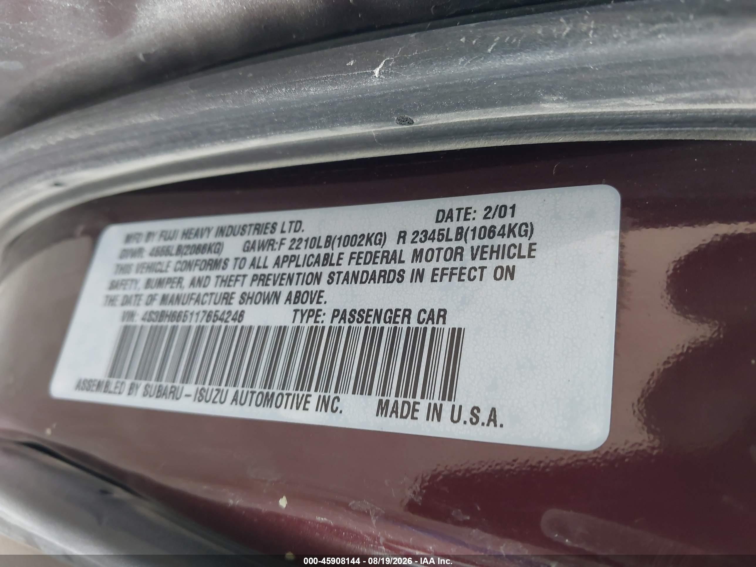2001 Subaru Outback   Maroon vin: 4S3BH665117654246