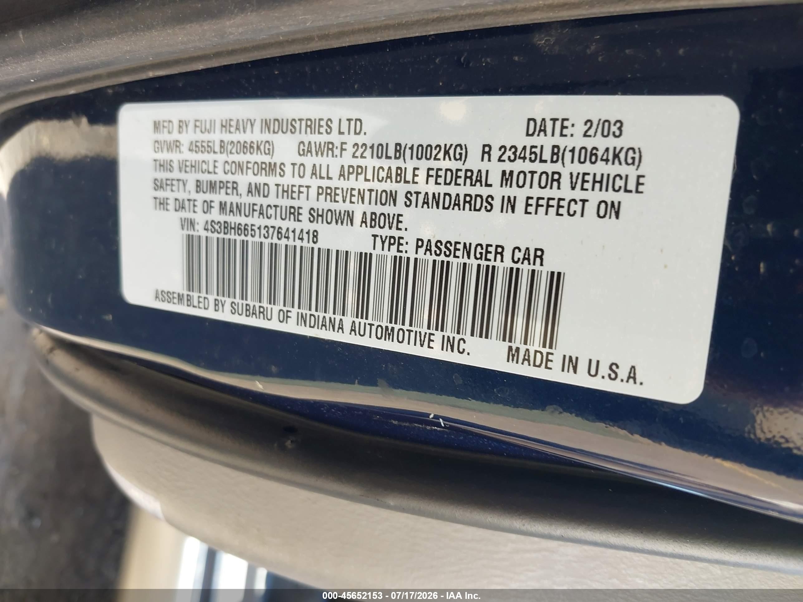 2003 Subaru Outback   Dark Blue vin: 4S3BH665137641418