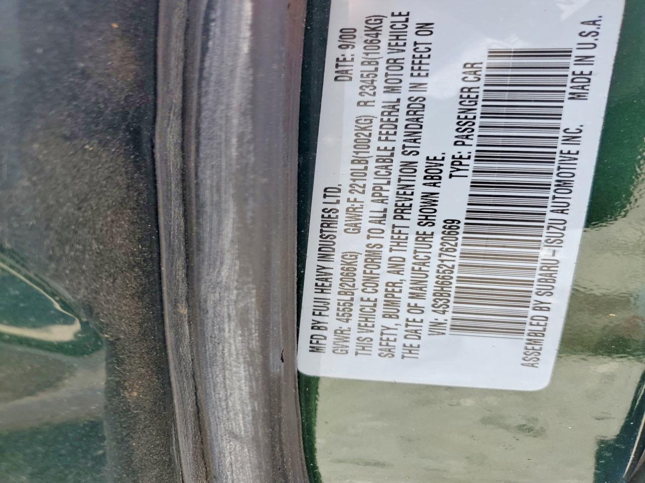 2001 Subaru Legacy Outback Green vin: 4S3BH665217620669