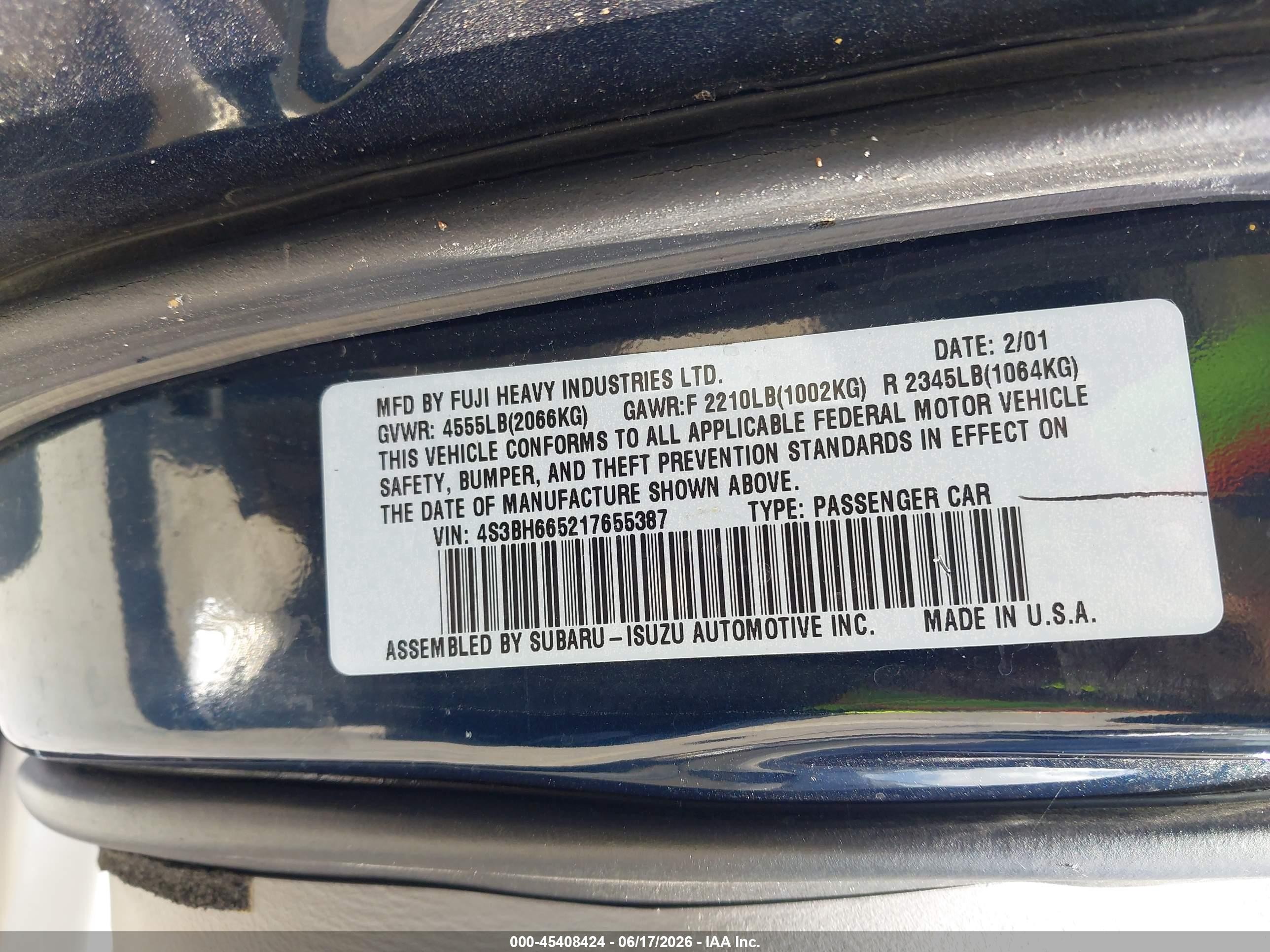 2001 Subaru Outback   Blue vin: 4S3BH665217655387