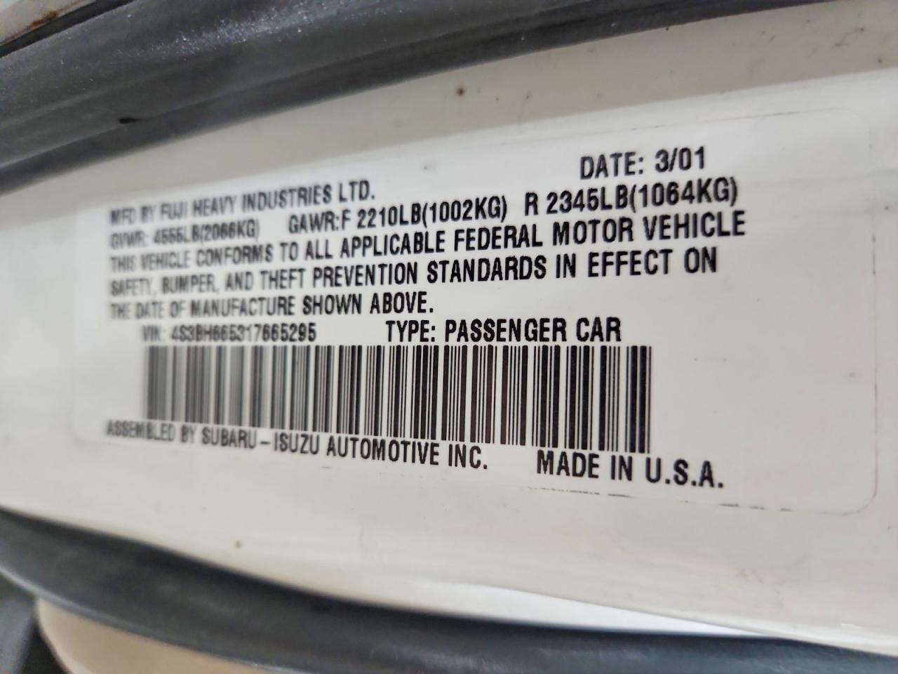 2001 Subaru Legacy Outback White vin: 4S3BH665317665295