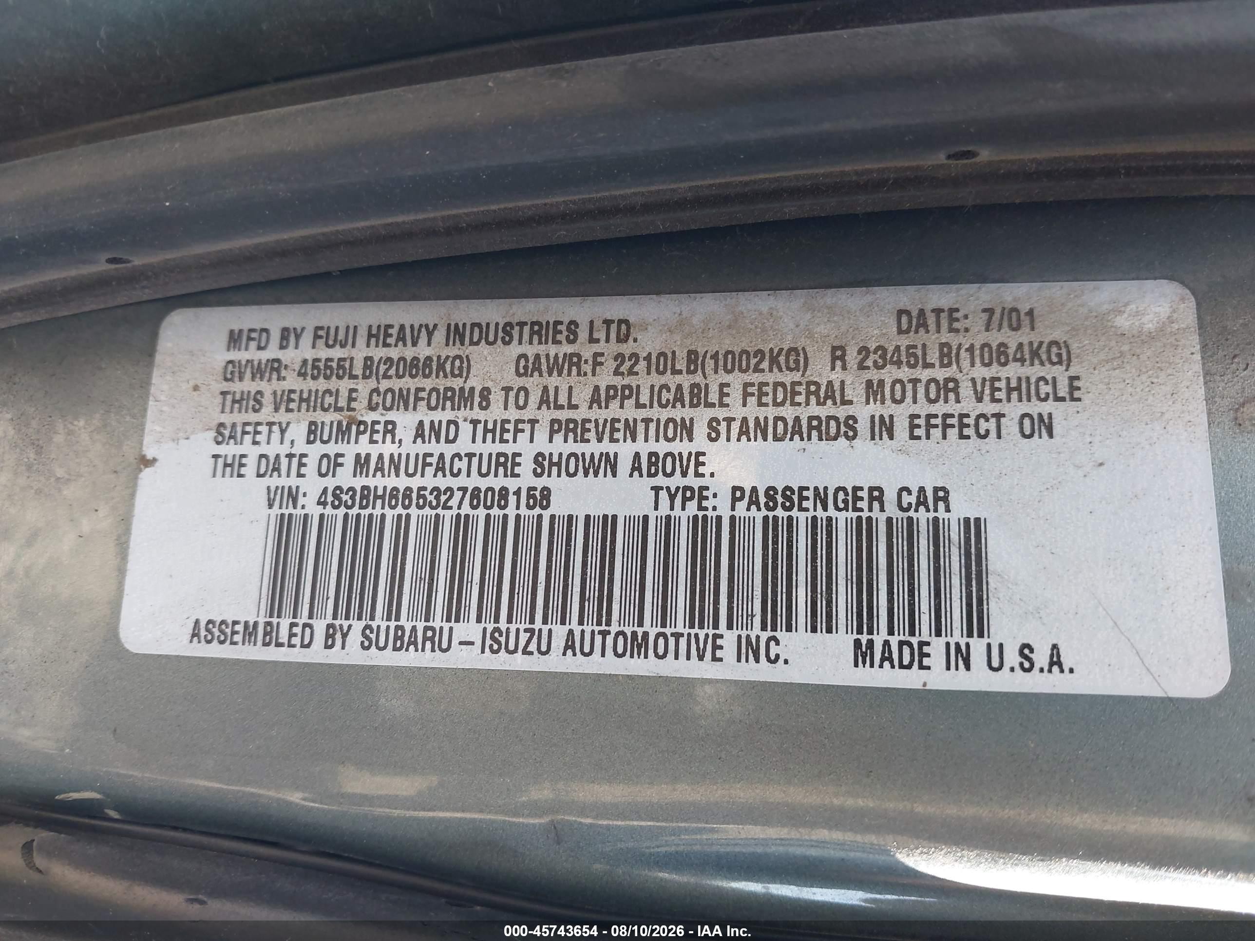 2002 Subaru Outback   Green vin: 4S3BH665327608158