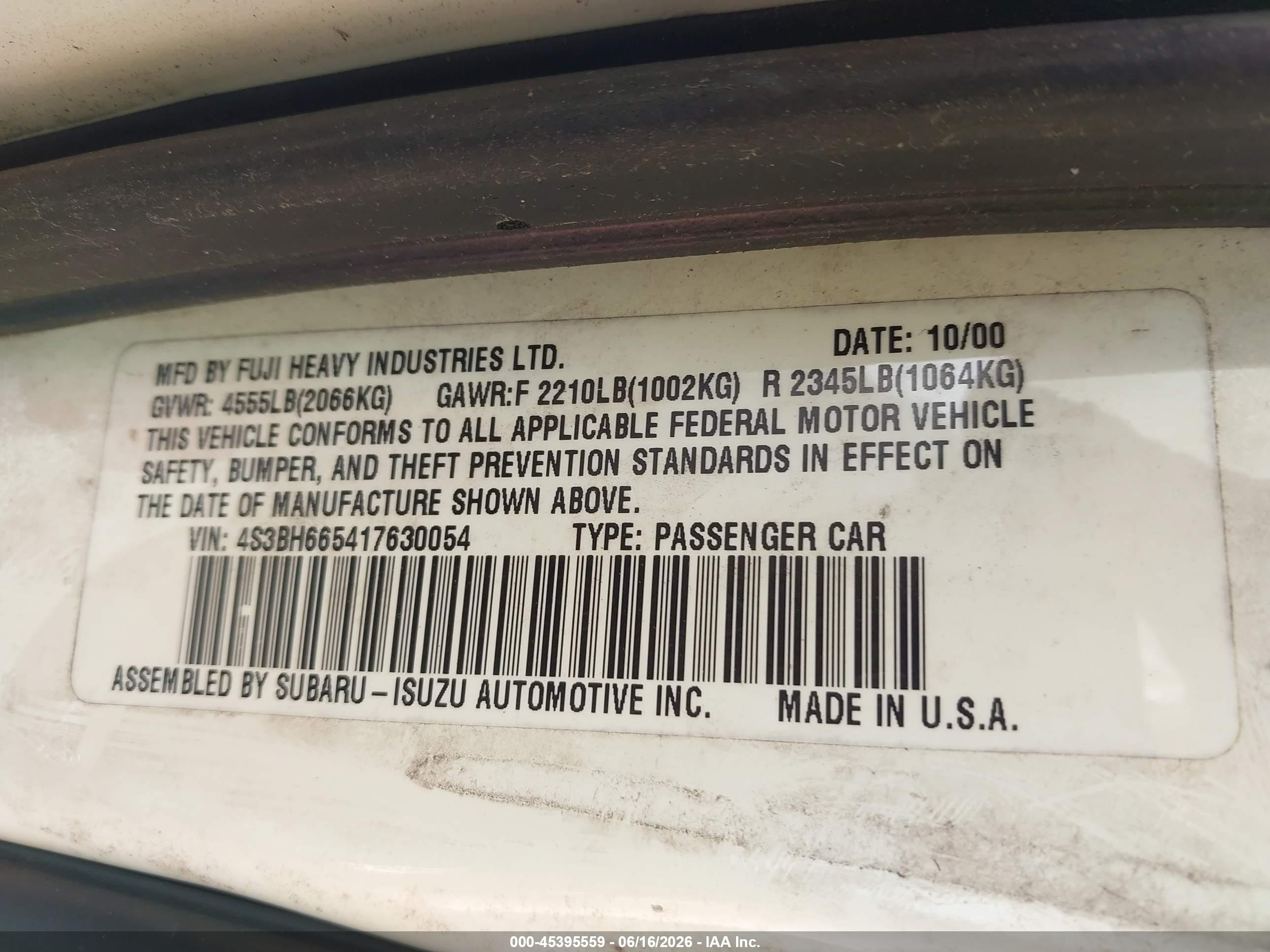 2001 Subaru Outback   White vin: 4S3BH665417630054