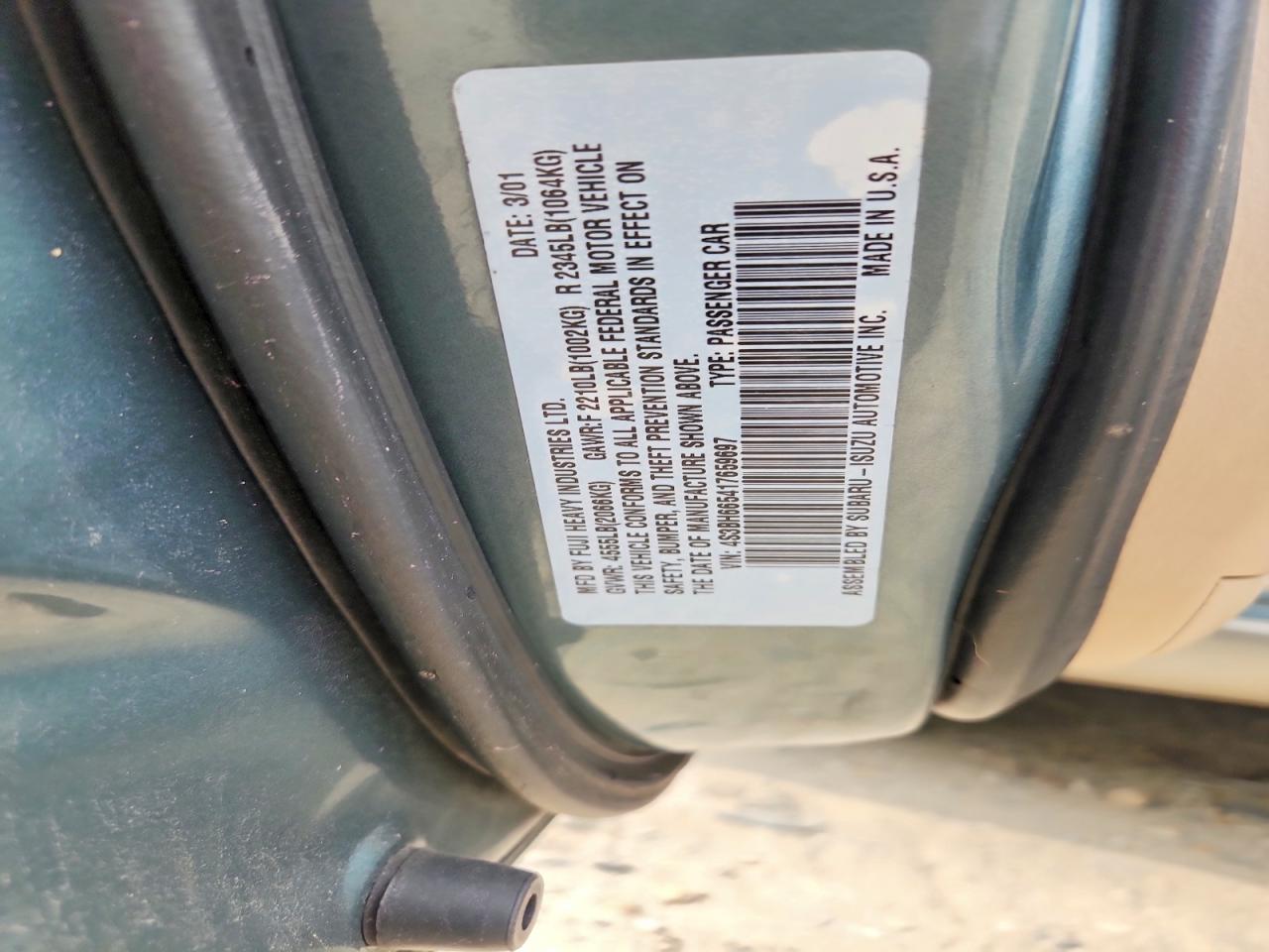 2001 Subaru Legacy Outback Green vin: 4S3BH665417659697