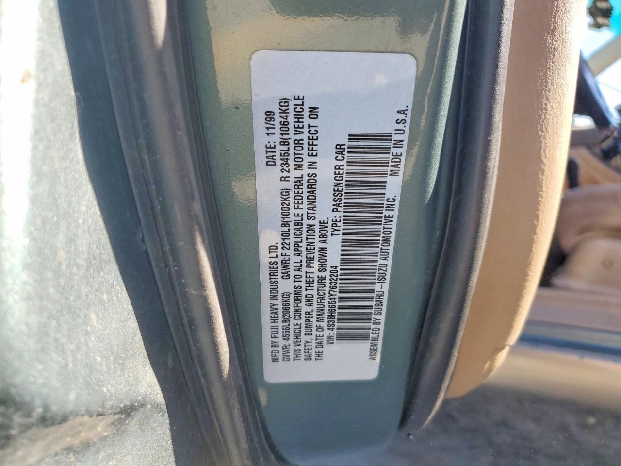 2000 Subaru Legacy Outback Зеленый vin: 4S3BH6654Y7632204
