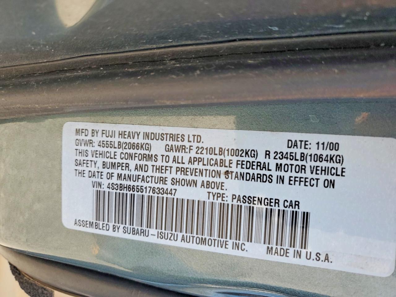 2001 Subaru Legacy Outback Blue vin: 4S3BH665517633447