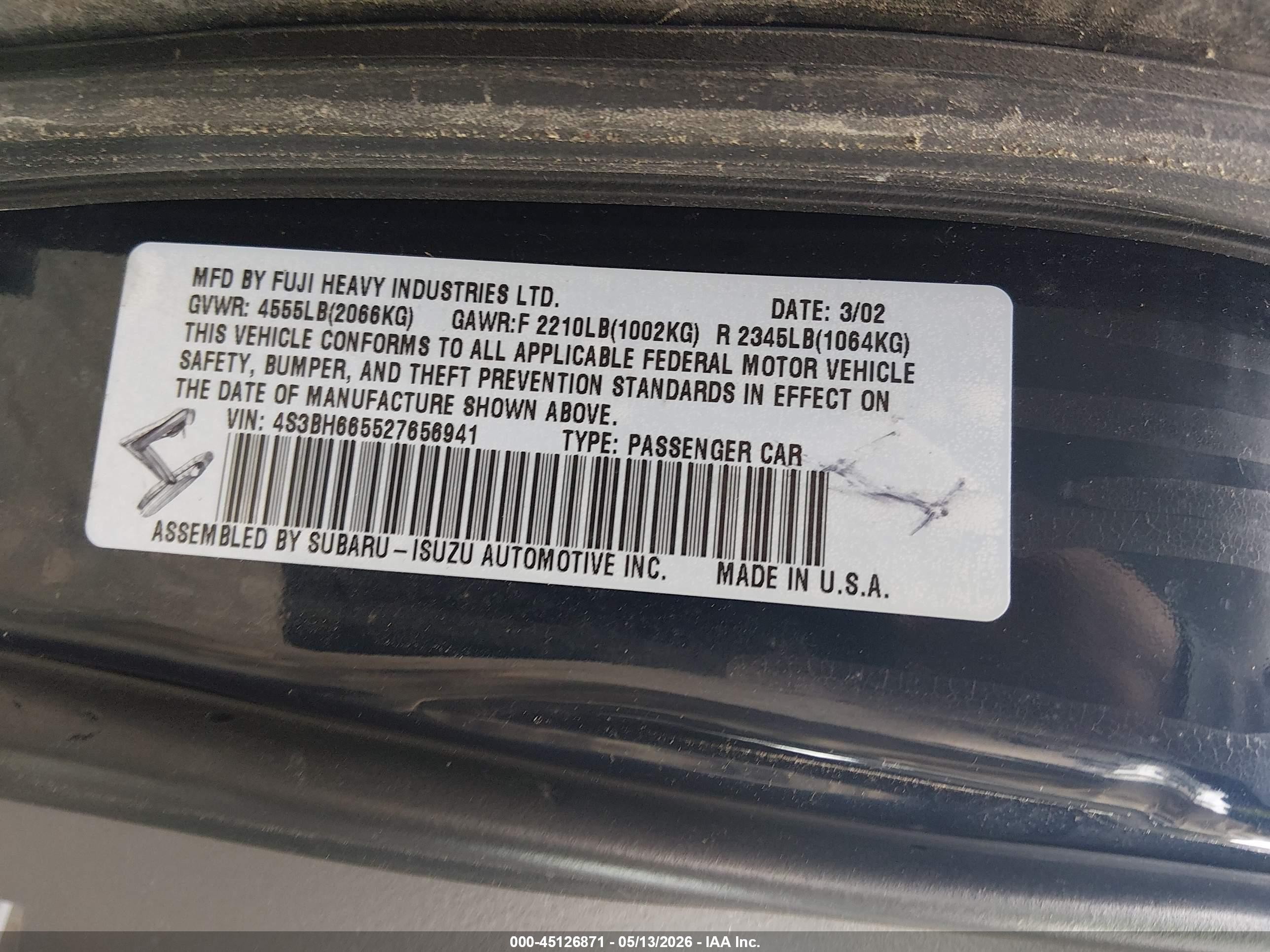2002 Subaru Outback   Синий vin: 4S3BH665527656941