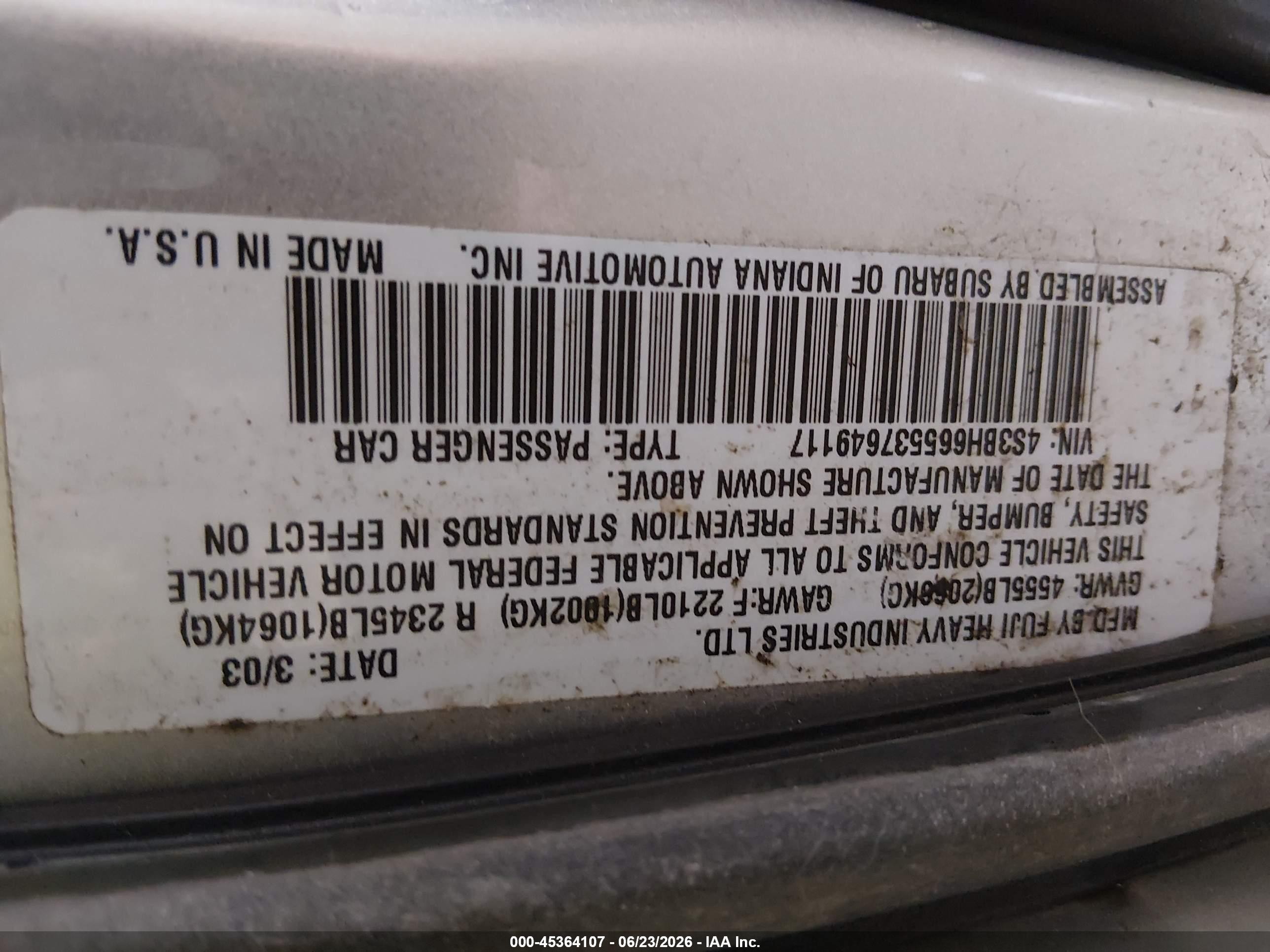 2003 Subaru Outback   Silver vin: 4S3BH665537649117
