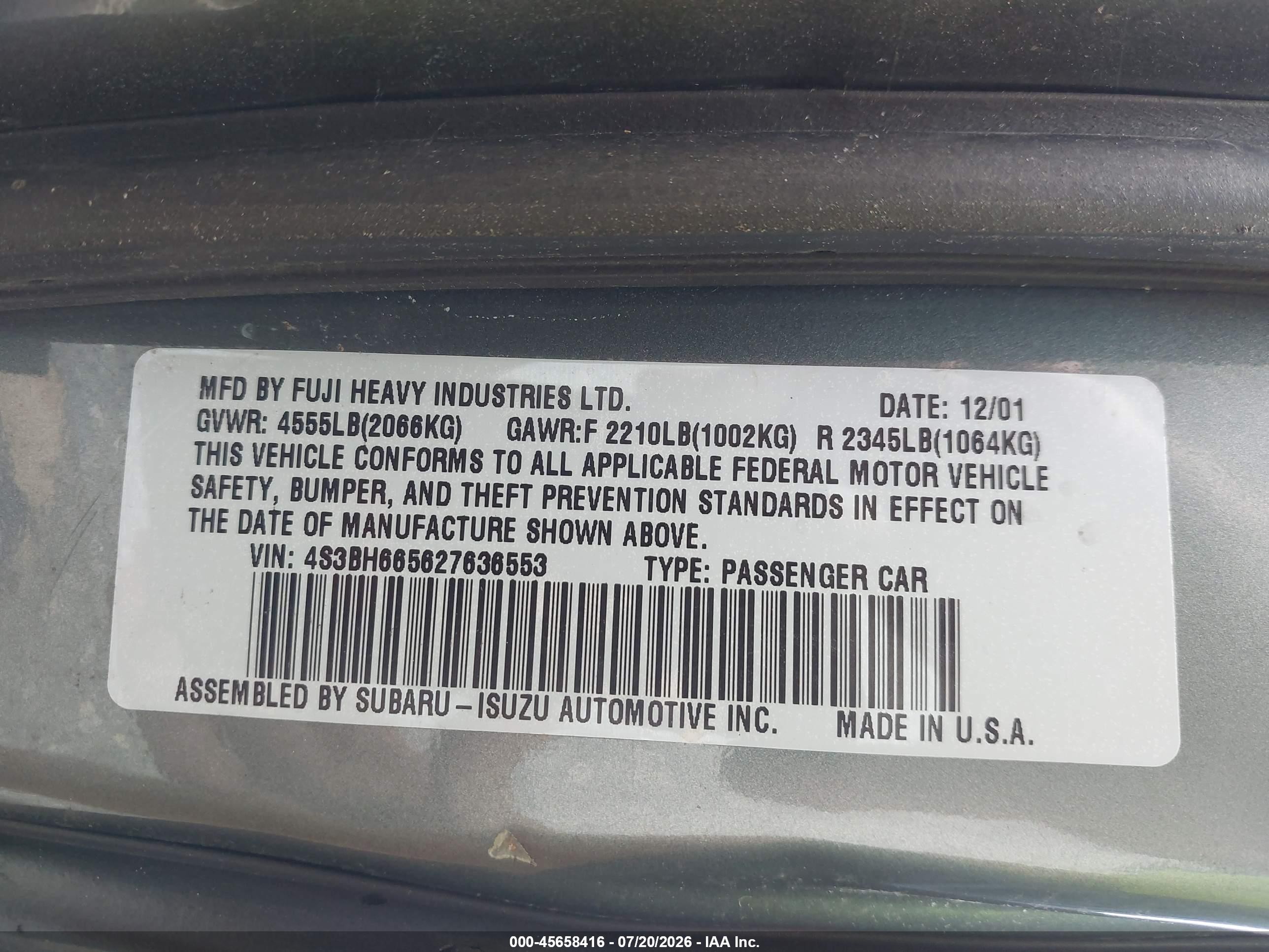 2002 Subaru Outback   Зеленый vin: 4S3BH665627636553