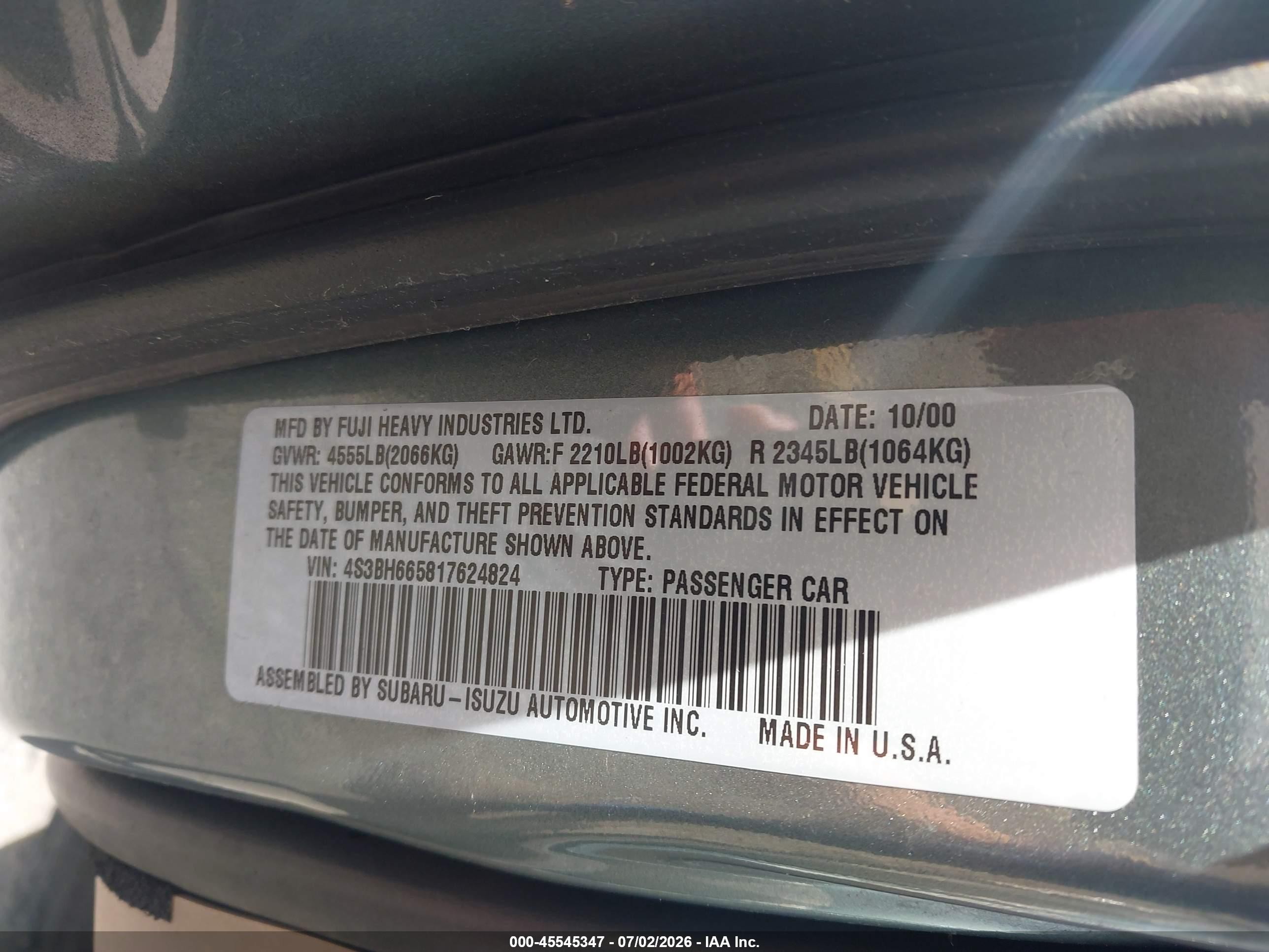 2001 Subaru Outback   Pewter vin: 4S3BH665817624824