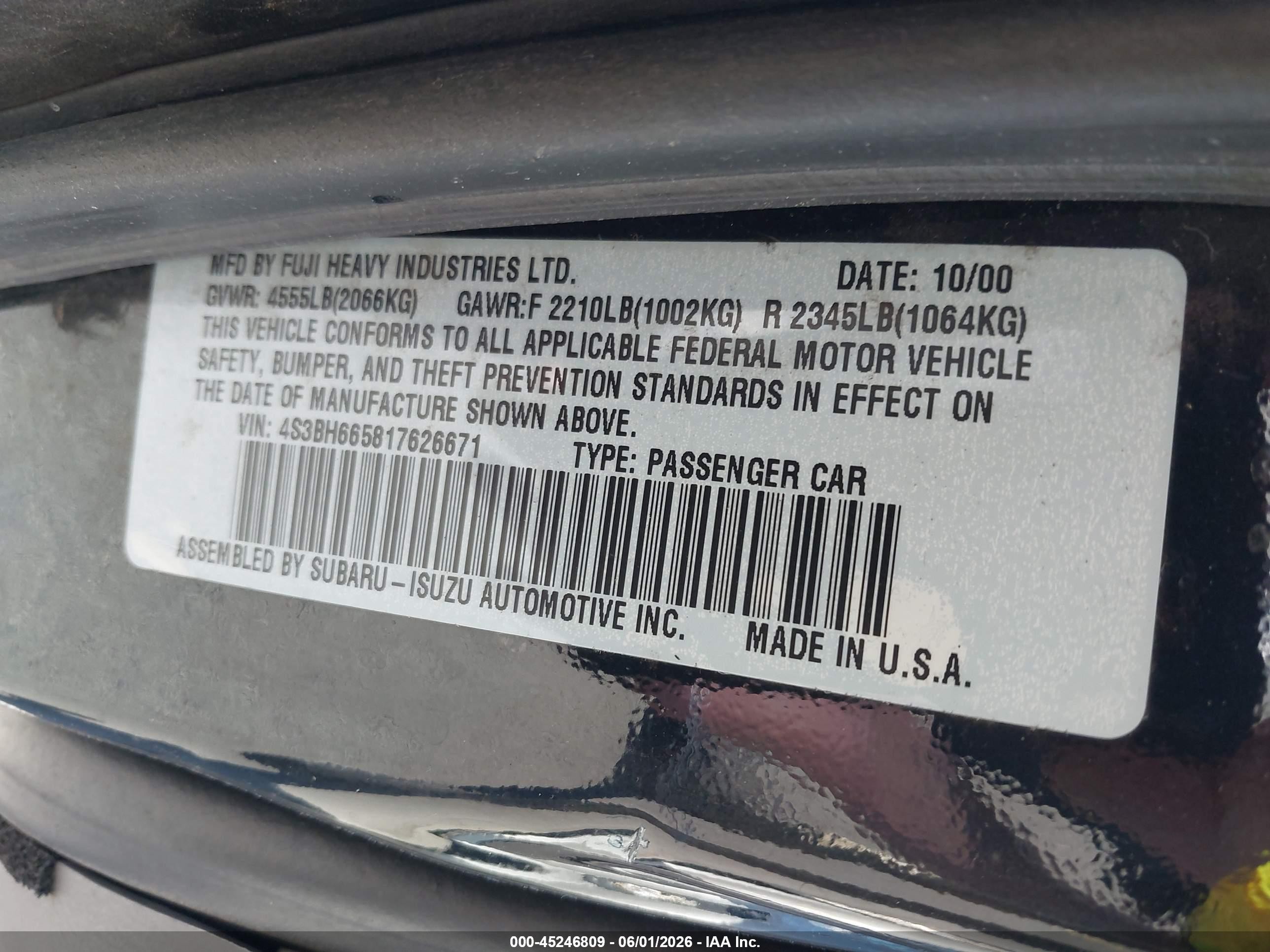 2001 Subaru Outback   Dark Blue vin: 4S3BH665817626671