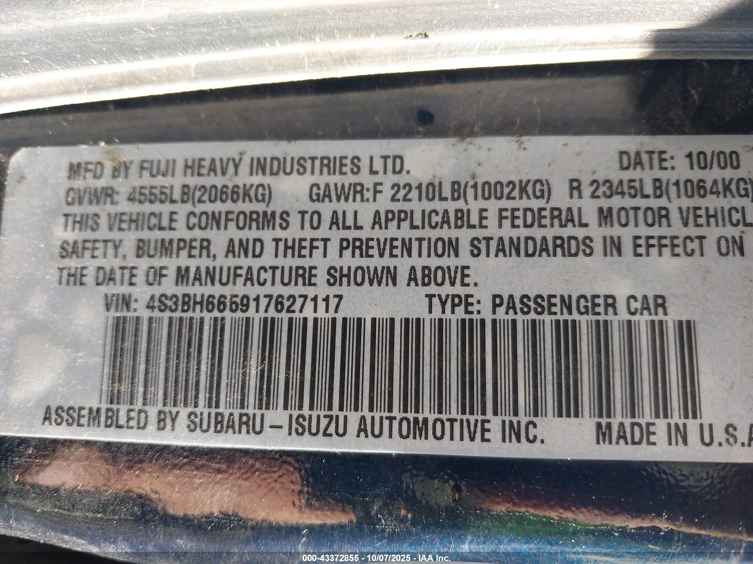 2001 Subaru Outback   Black vin: 4S3BH665917627117