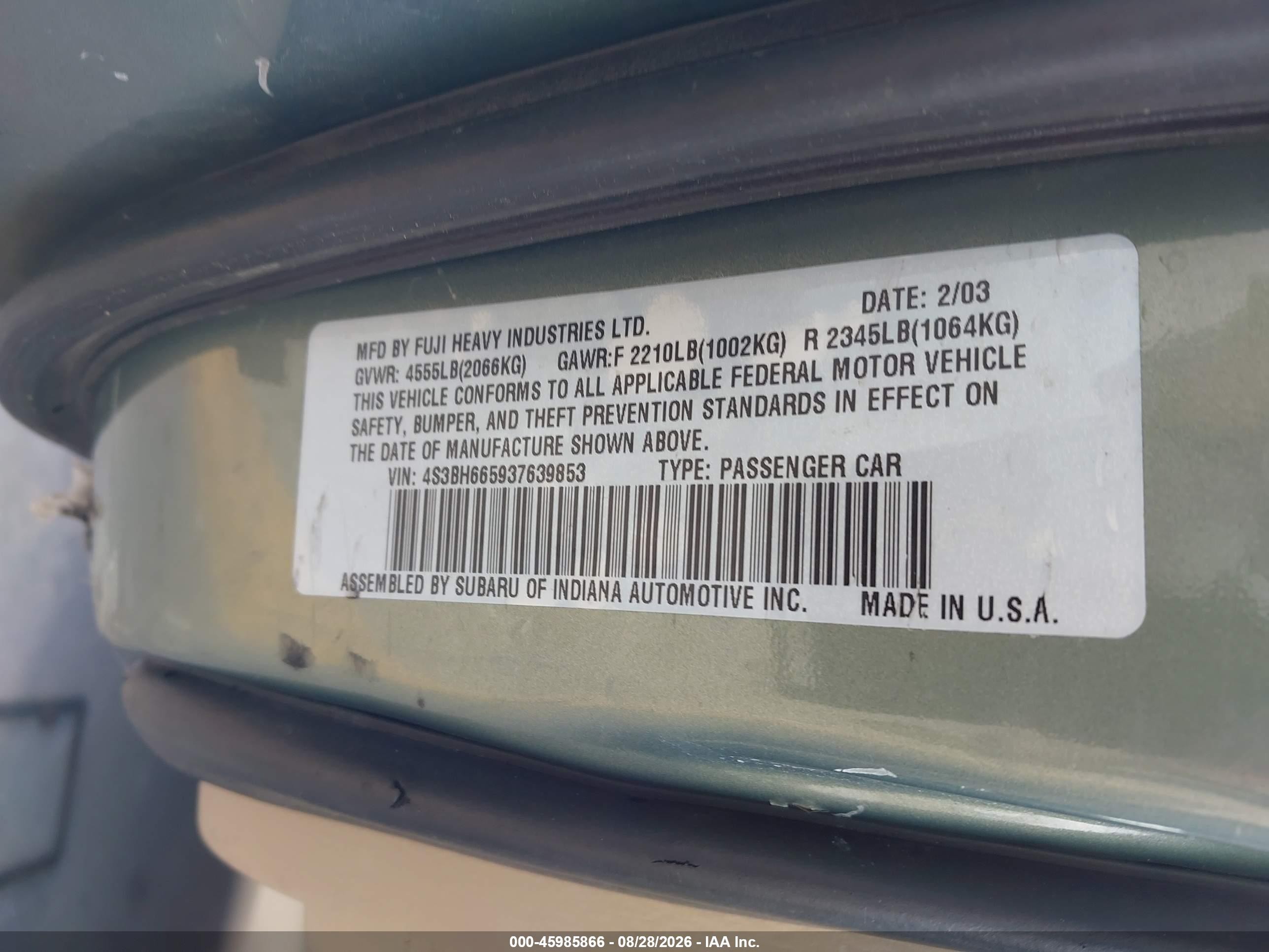 2003 Subaru Outback   Green vin: 4S3BH665937639853