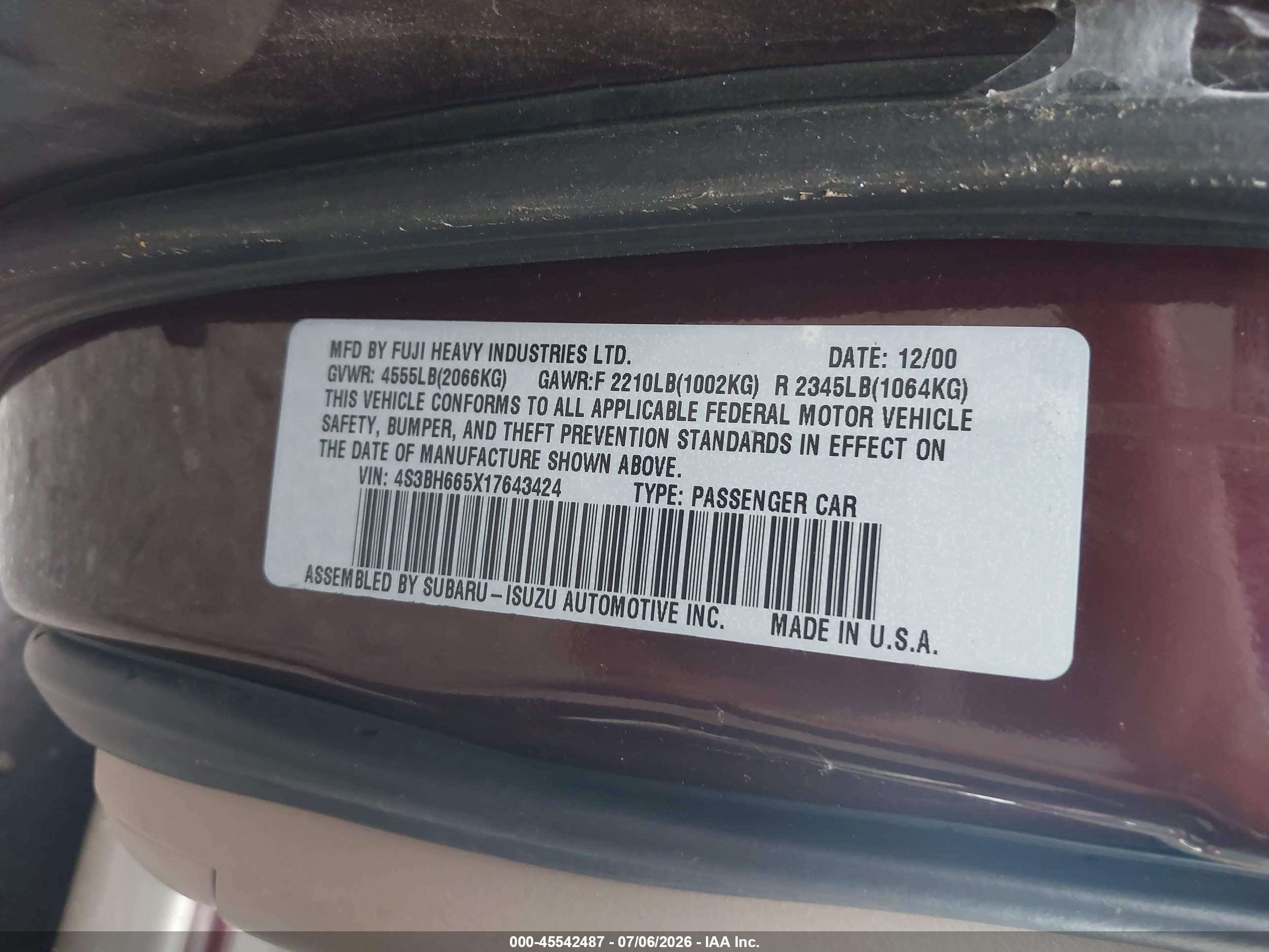 2001 Subaru Outback   Burgundy vin: 4S3BH665X17643424
