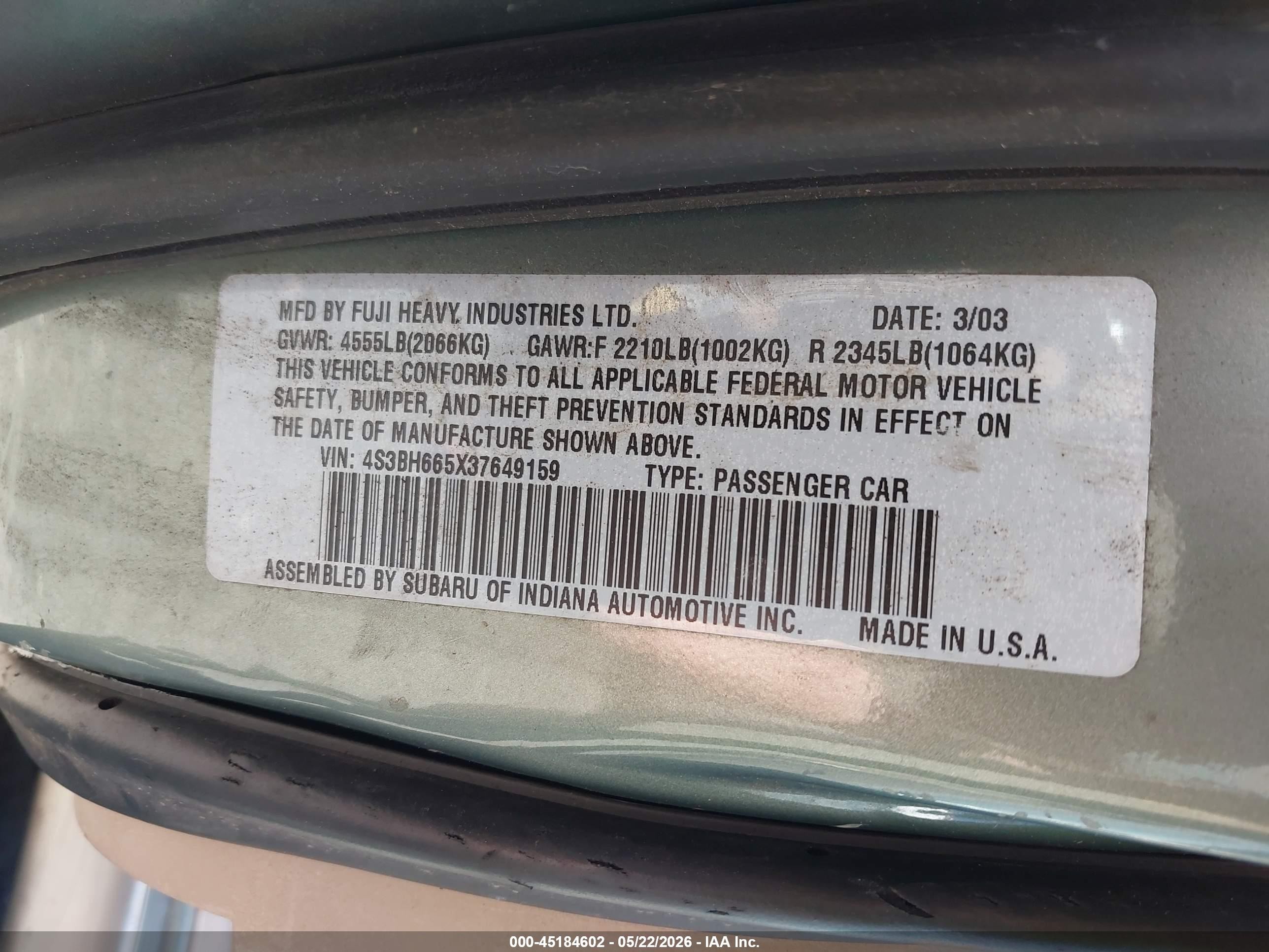 2003 Subaru Outback   Green vin: 4S3BH665X37649159