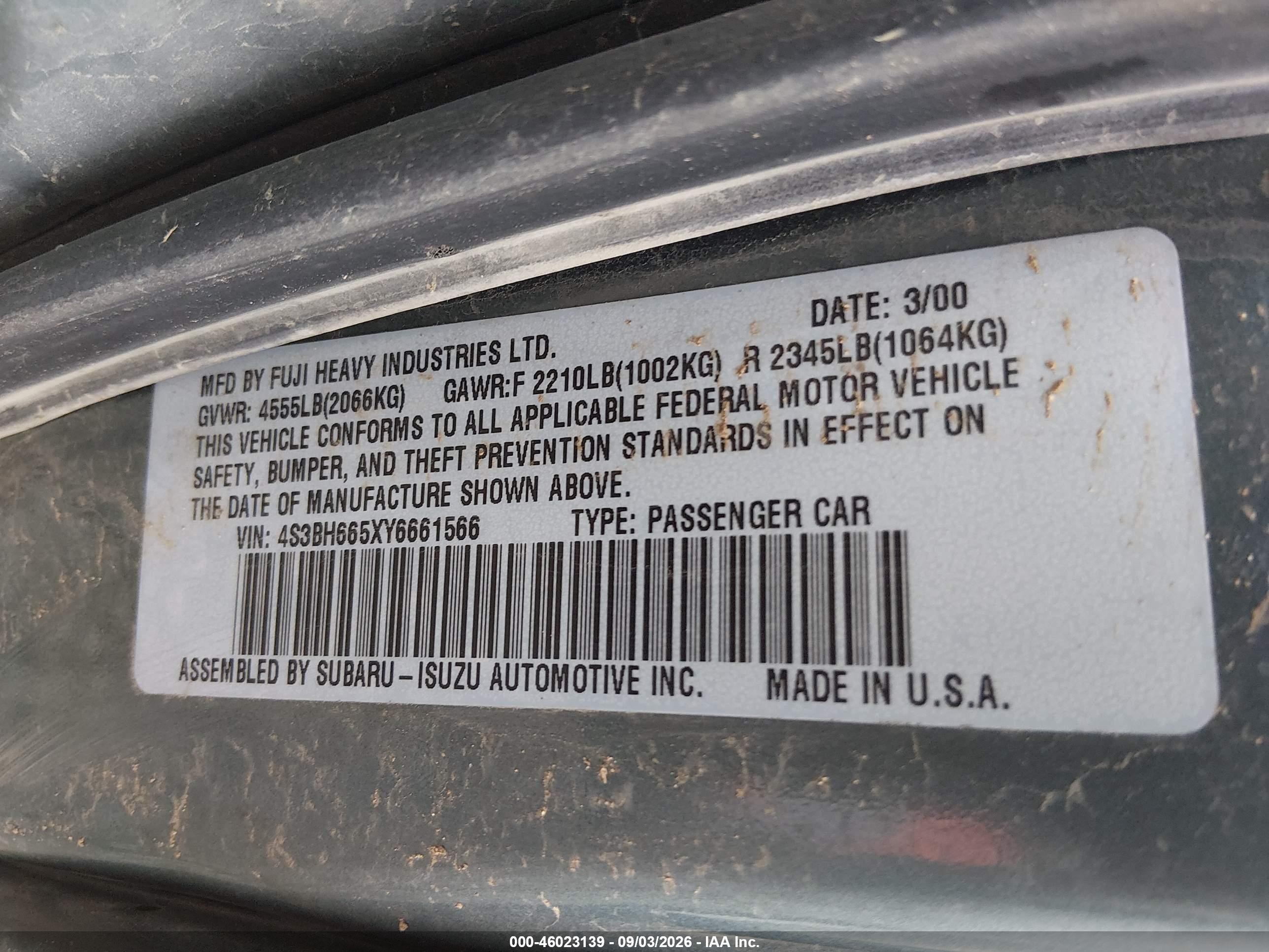 2000 Subaru Outback   Green vin: 4S3BH665XY6661566