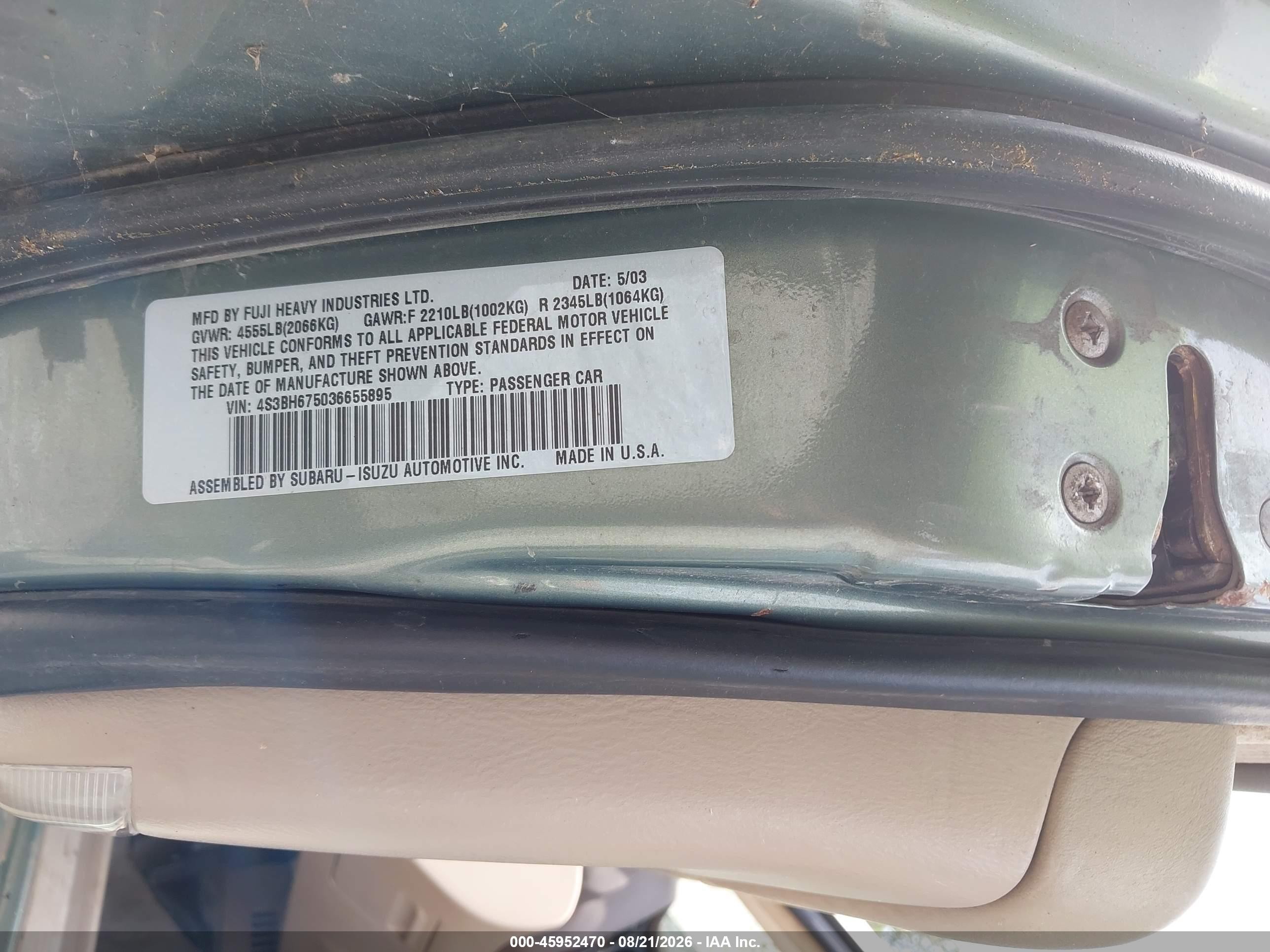 2003 Subaru Outback Green vin: 4S3BH675036655895