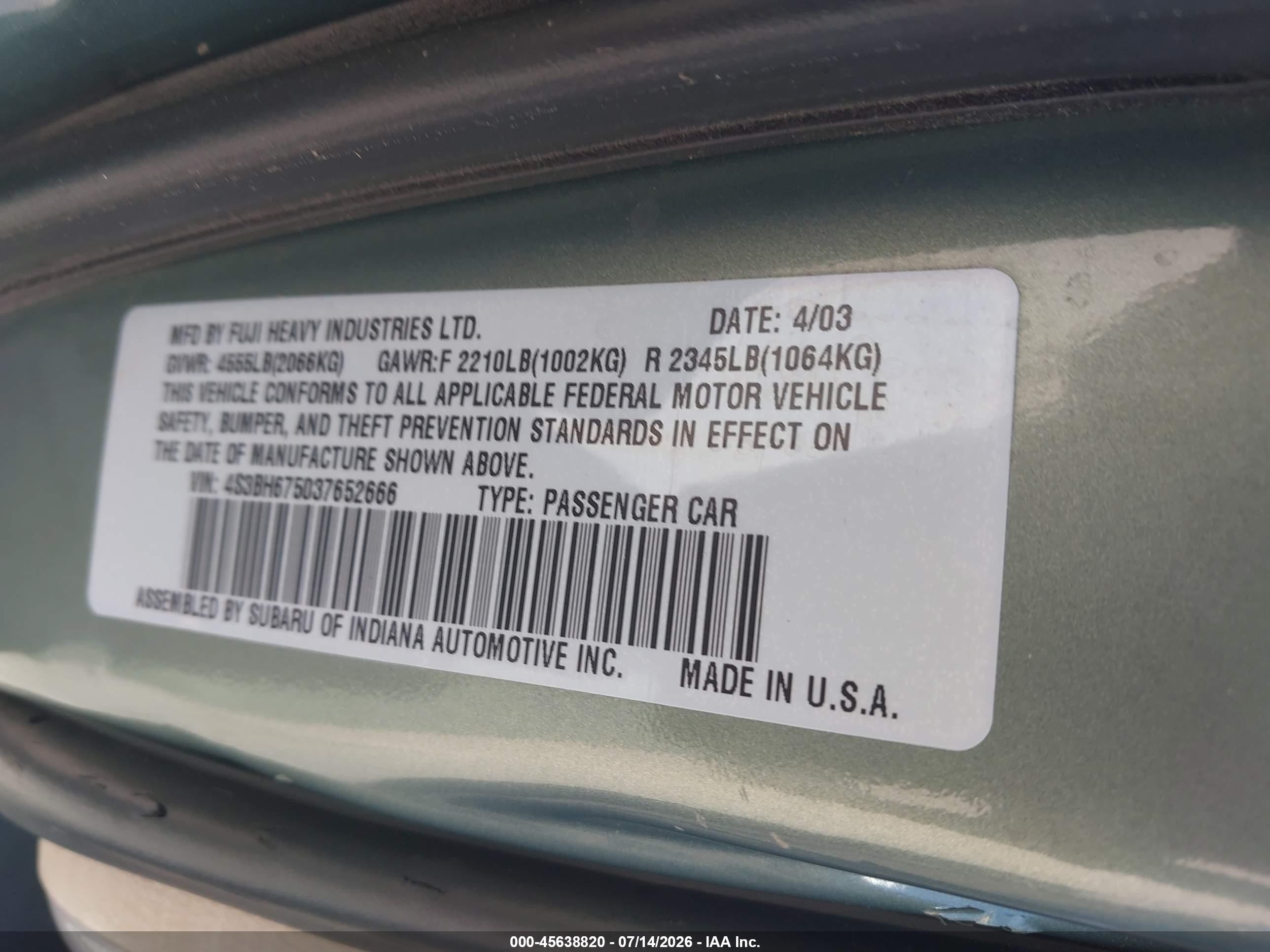2003 Subaru Outback   Green vin: 4S3BH675037652666