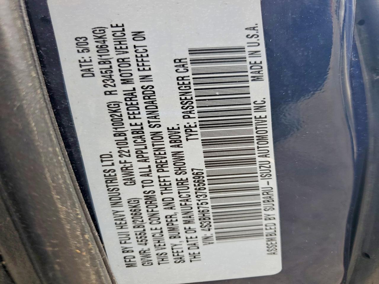 2003 Subaru Legacy Outback Awp Blue vin: 4S3BH675137656967